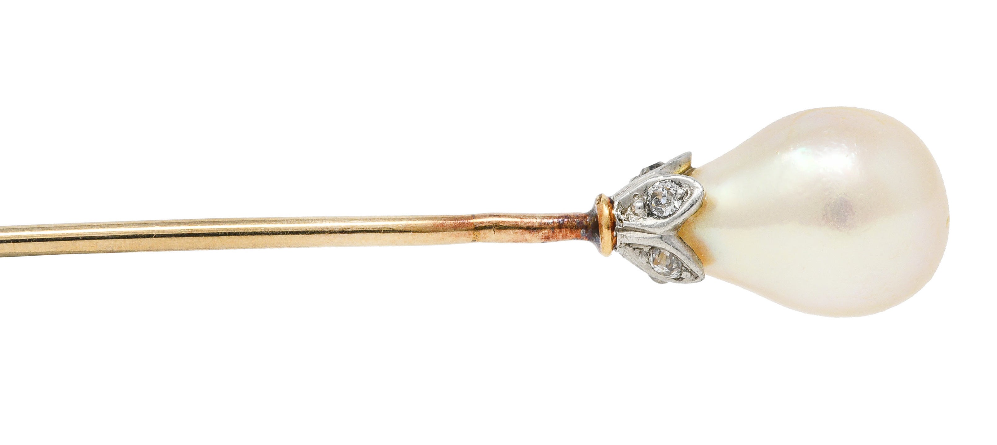 Belle Epoque Saltwater Natural Pearl Diamond Platinum 18 Karat Gold Antique Stickpin GIAStick Pin - Wilson's Estate Jewelry