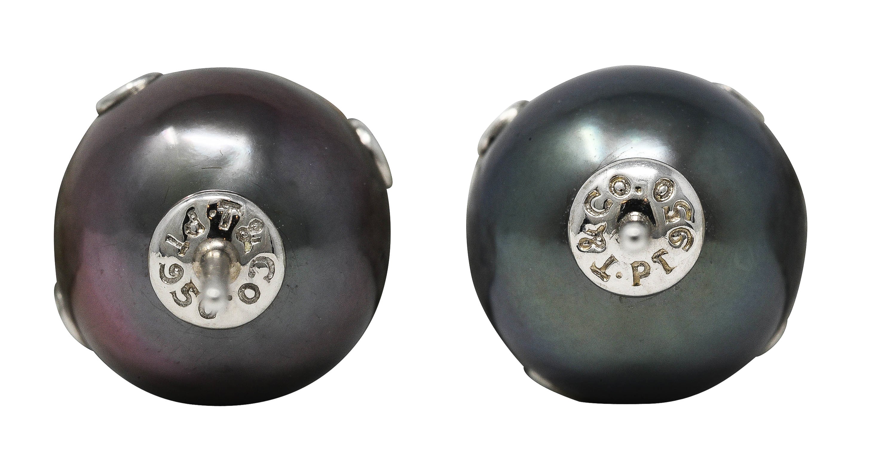 Tiffany & Co. Contemporary Diamond Tahitian Pearl Platinum Stud Earrings Wilson's Estate Jewelry