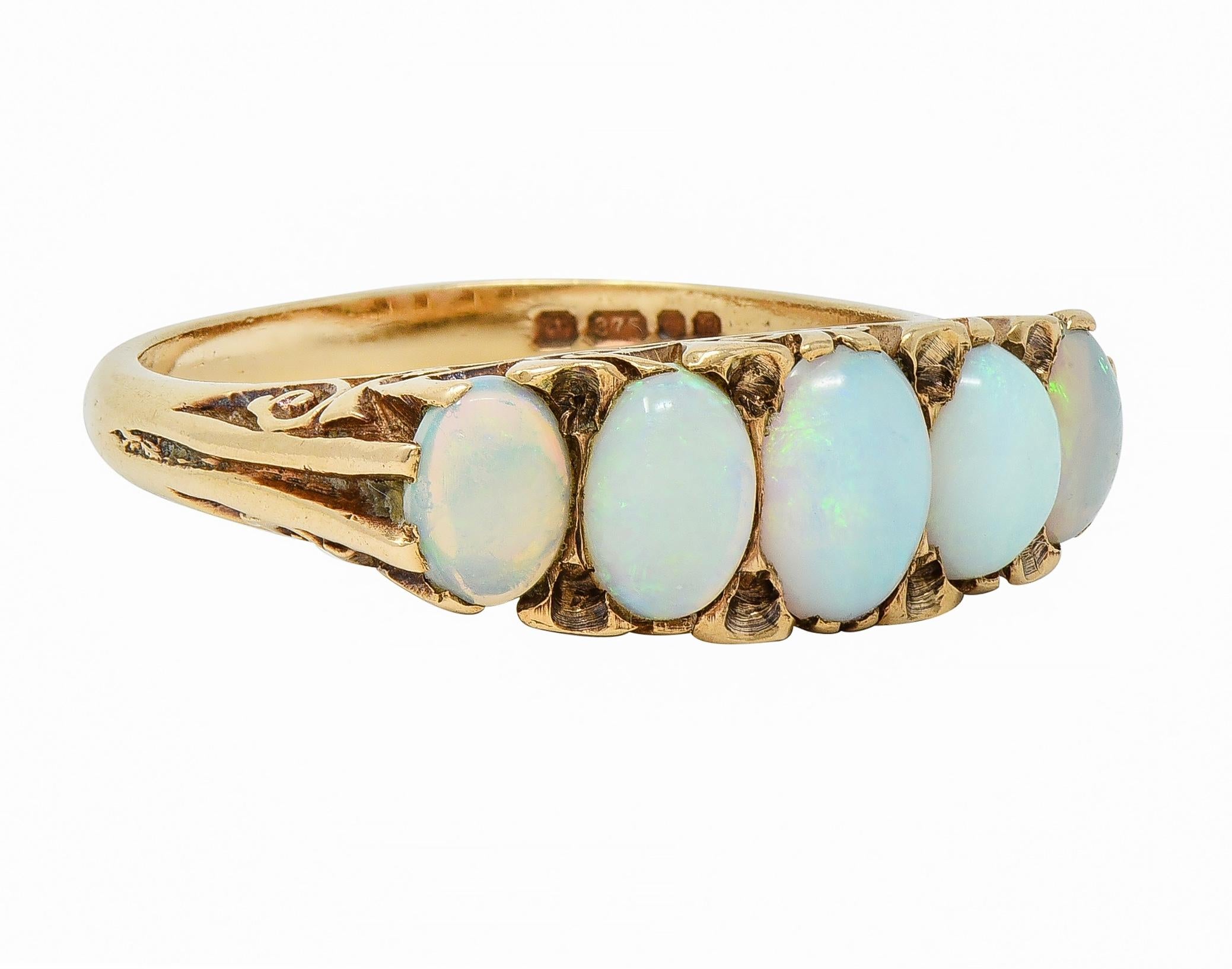 Victorian Opal 9 Karat Yellow Gold Antique Five Stone Band Ring