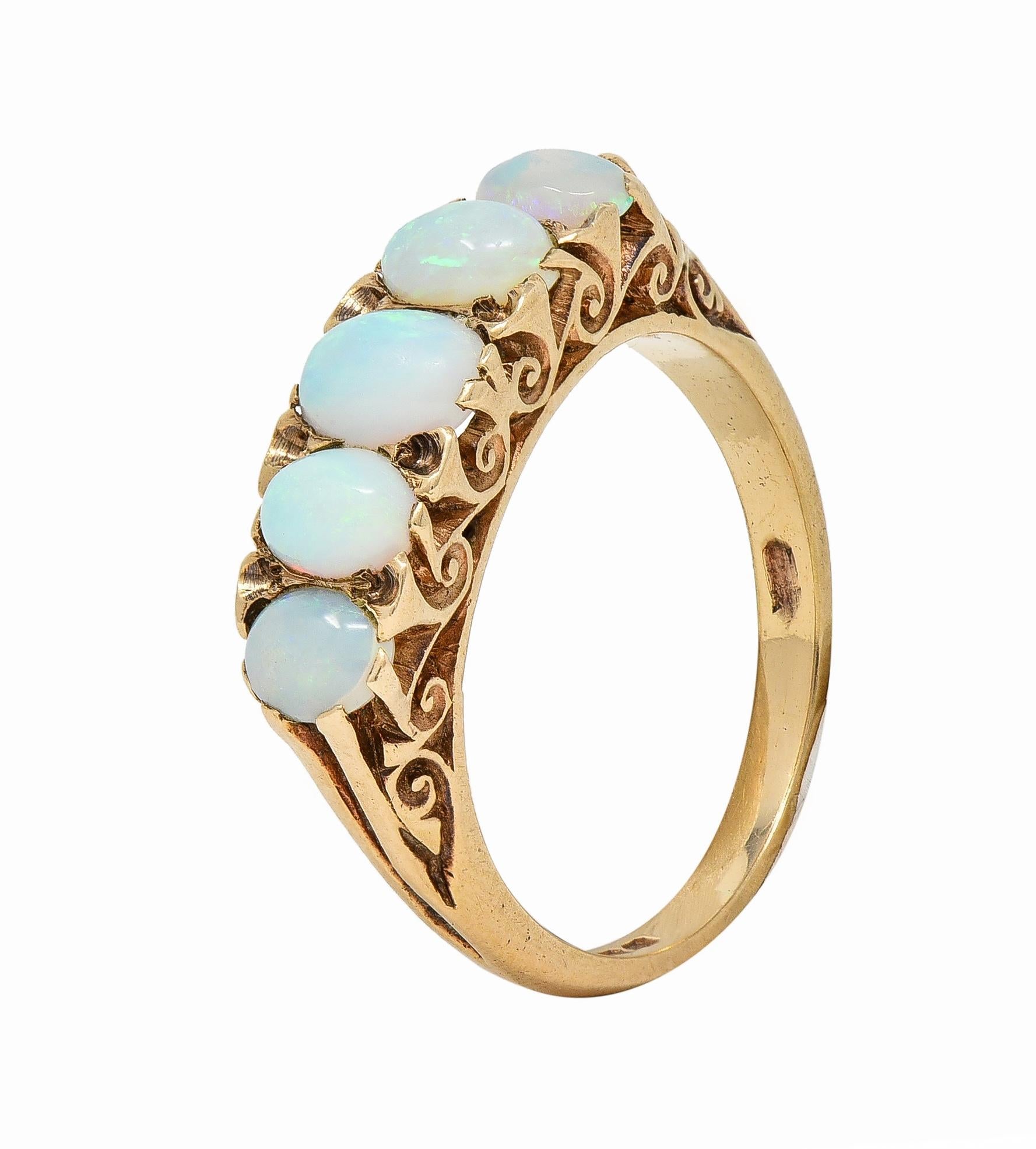 Victorian Opal 9 Karat Yellow Gold Antique Five Stone Band Ring