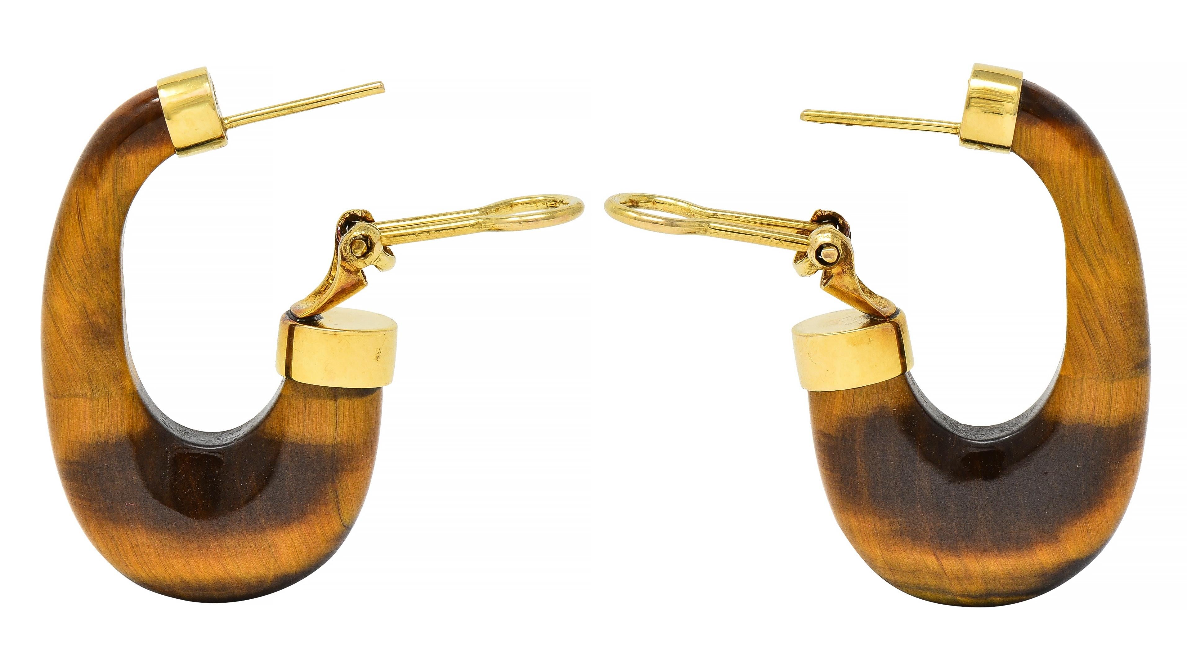 1970's Tiger's Eye 14 Karat Yellow Gold Vintage J hoop Earring