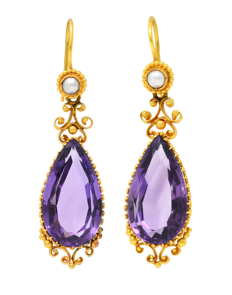 Victorian Pear Cut Amethyst Pearl 18 Karat Gold Whiplash Antique Drop Earrings Wilson's Estate Jewelry