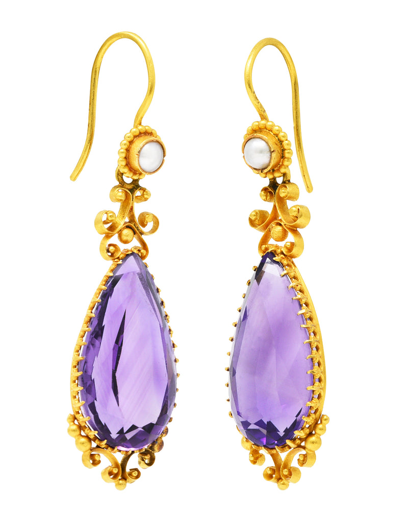 Victorian Pear Cut Amethyst Pearl 18 Karat Gold Whiplash Antique Drop Earrings Wilson's Estate Jewelry