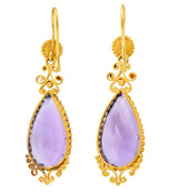 Victorian Pear Cut Amethyst Pearl 18 Karat Gold Whiplash Antique Drop Earrings Wilson's Estate Jewelry