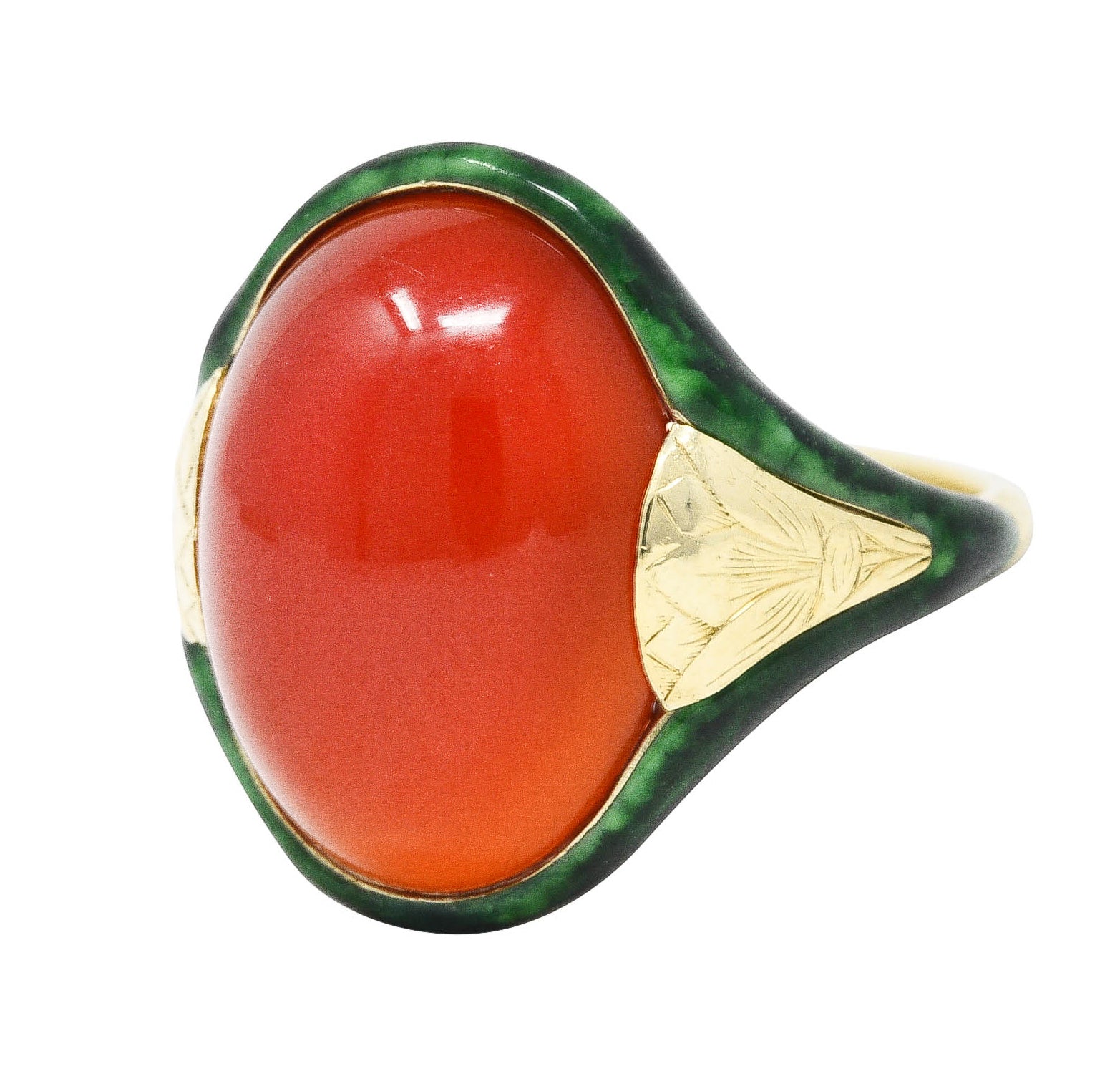 Egyptian Revival Art Deco Carnelian Enamel 14 Karat Gold Lotus RingRing - Wilson's Estate Jewelry