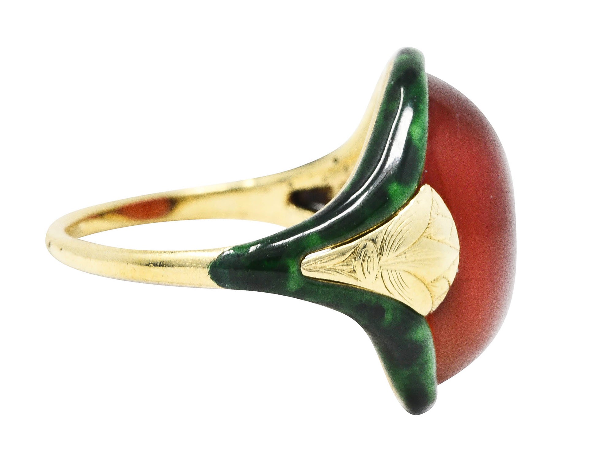 Egyptian Revival Art Deco Carnelian Enamel 14 Karat Gold Lotus RingRing - Wilson's Estate Jewelry