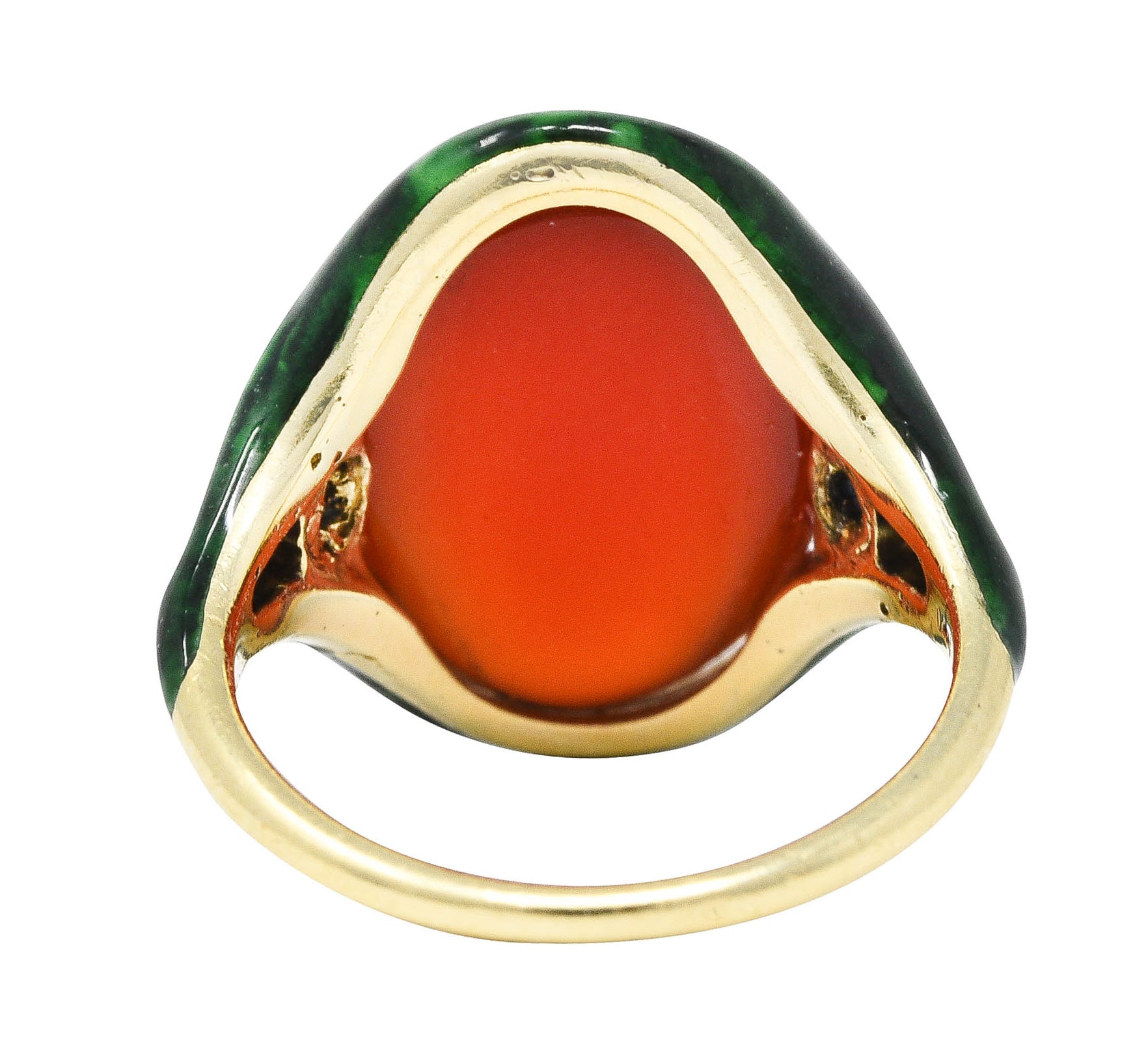 Egyptian Revival Art Deco Carnelian Enamel 14 Karat Gold Lotus RingRing - Wilson's Estate Jewelry