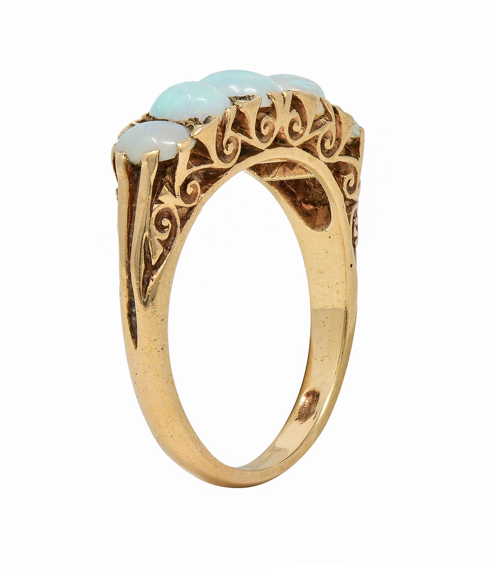 Victorian Opal 9 Karat Yellow Gold Antique Five Stone Band Ring