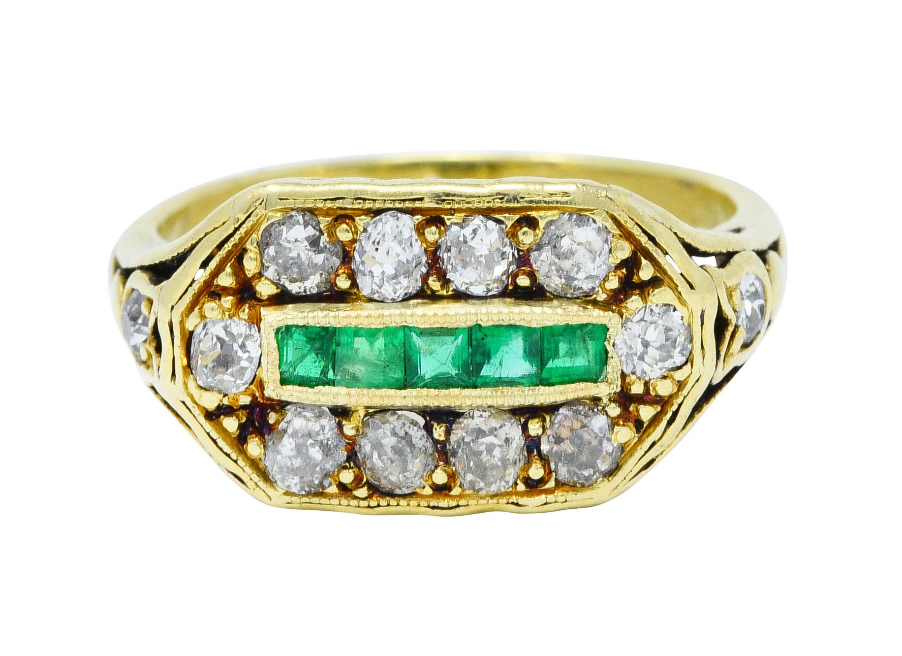 Arts and Crafts Emerald Diamond 18 Karat Green Gold Laurel Band RingRing - Wilson's Estate Jewelry