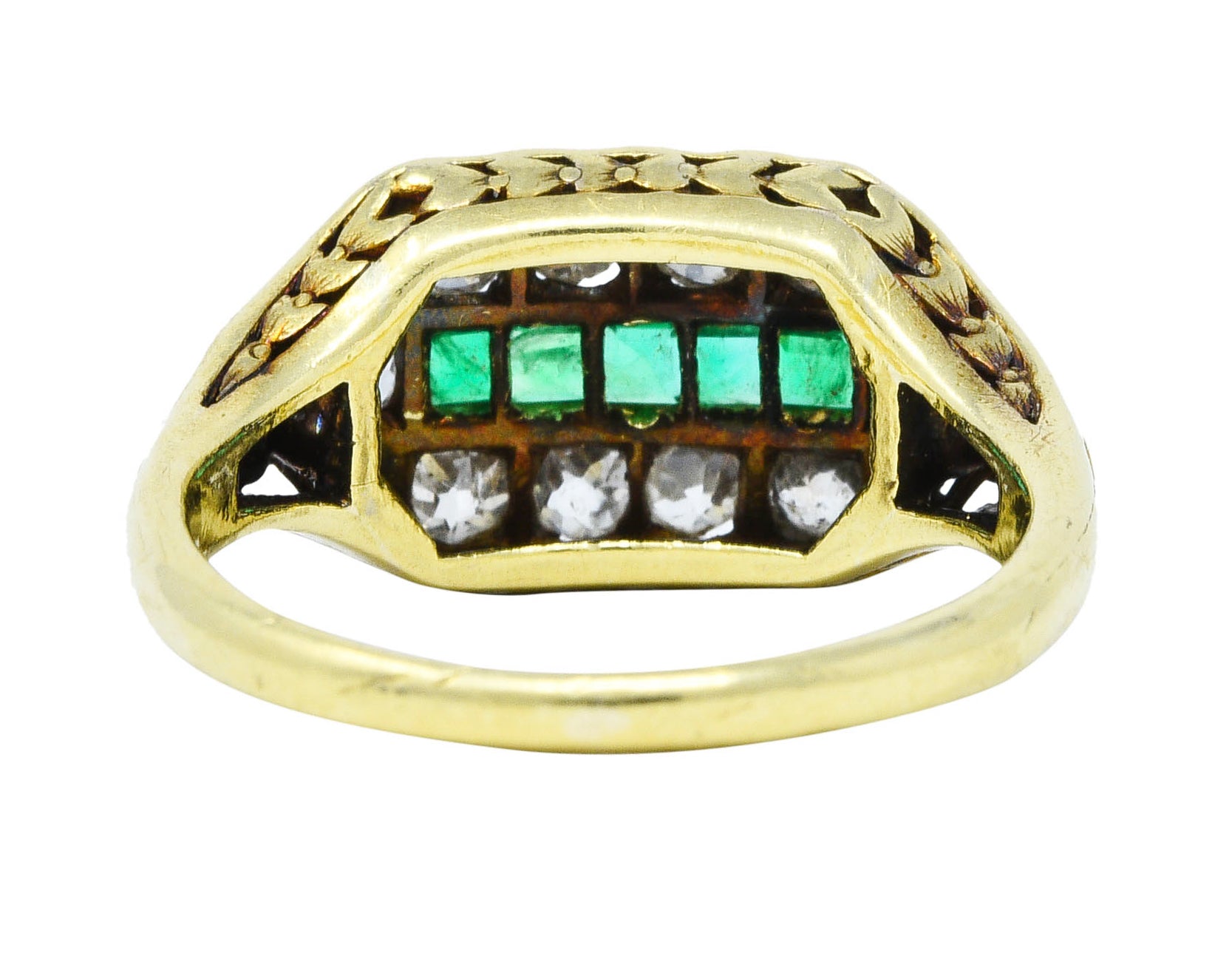 Arts and Crafts Emerald Diamond 18 Karat Green Gold Laurel Band RingRing - Wilson's Estate Jewelry