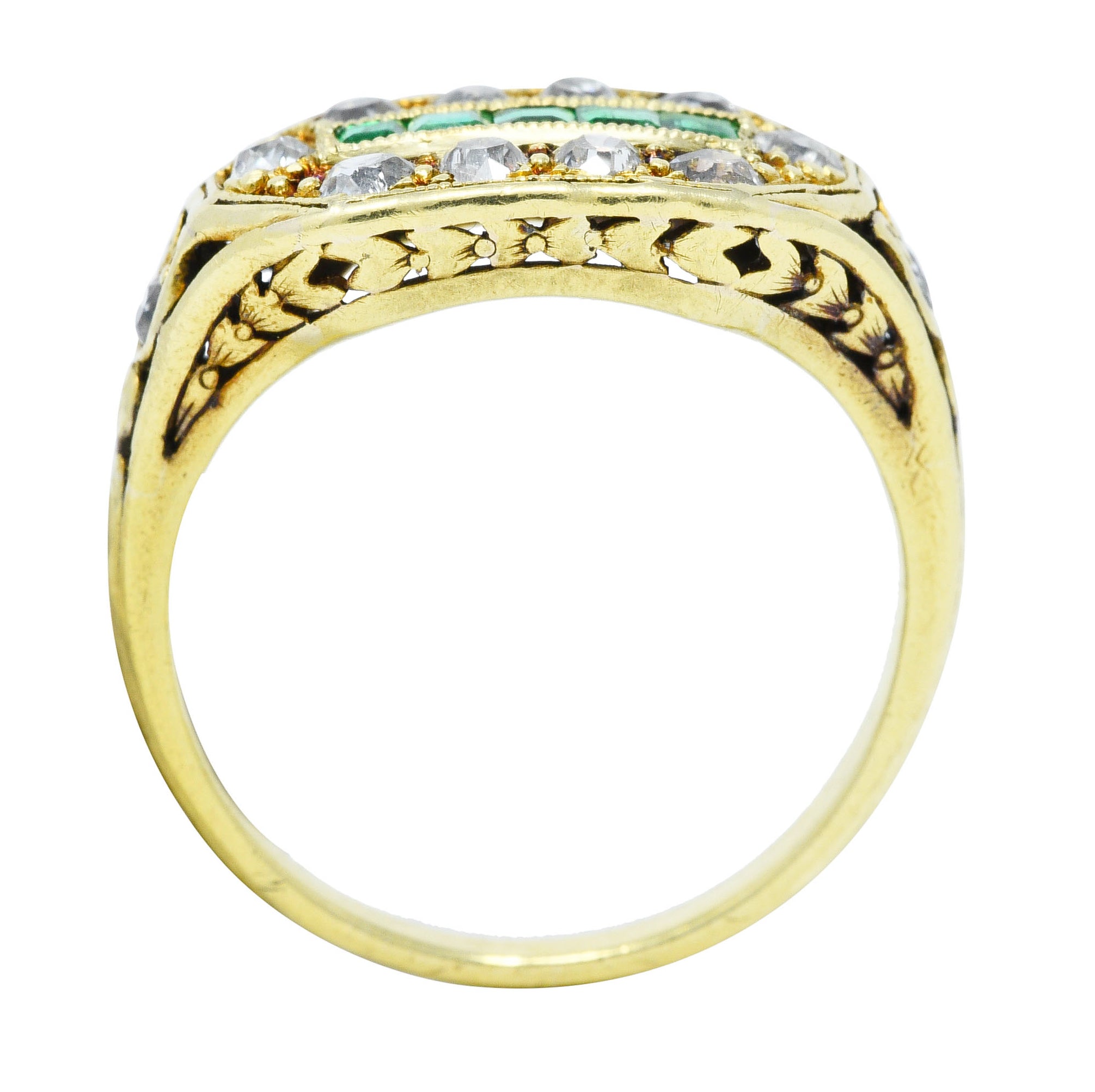 Arts and Crafts Emerald Diamond 18 Karat Green Gold Laurel Band RingRing - Wilson's Estate Jewelry