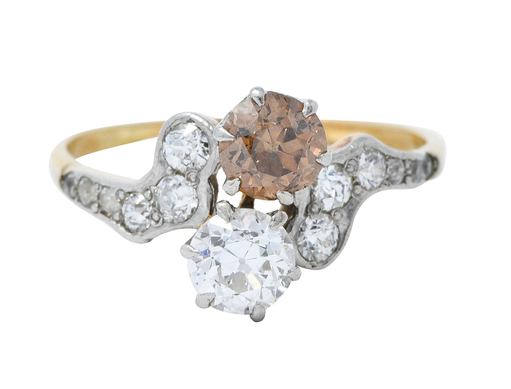 Edwardian 1.57 CTW Diamond & Fancy Diamond Platinum-Topped 14 Karat Gold Toi Et Moi RingRing - Wilson's Estate Jewelry