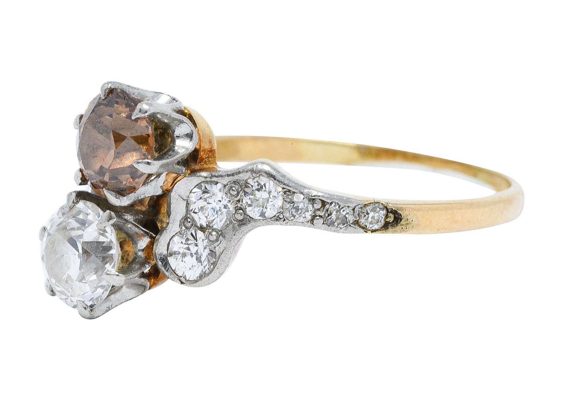 Edwardian 1.57 CTW Diamond & Fancy Diamond Platinum-Topped 14 Karat Gold Toi Et Moi RingRing - Wilson's Estate Jewelry