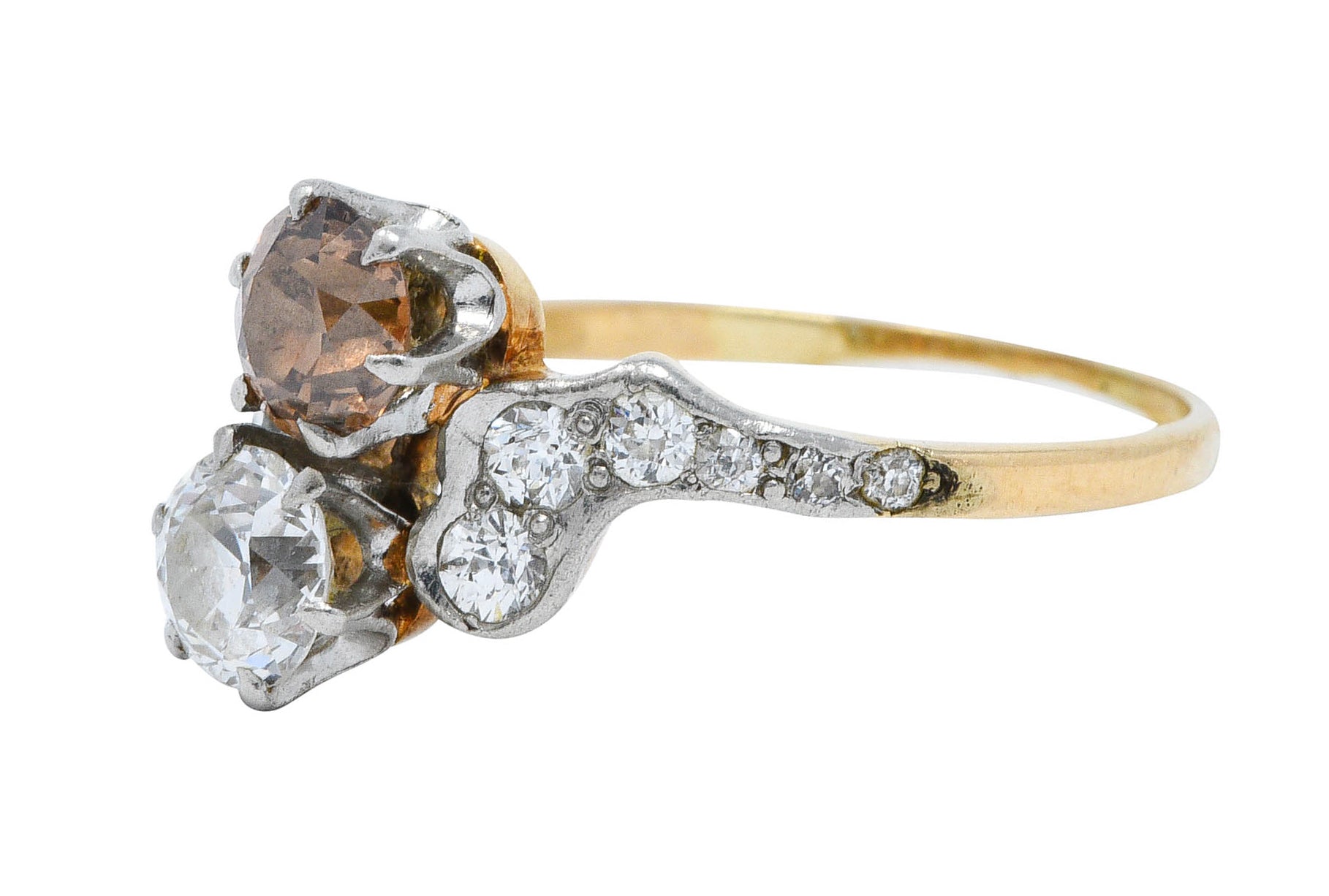 Edwardian 1.57 CTW Diamond & Fancy Diamond Platinum-Topped 14 Karat Gold Toi Et Moi RingRing - Wilson's Estate Jewelry