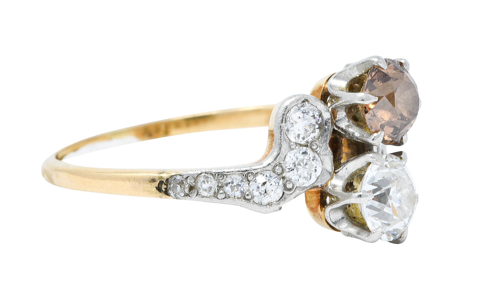 Edwardian 1.57 CTW Diamond & Fancy Diamond Platinum-Topped 14 Karat Gold Toi Et Moi RingRing - Wilson's Estate Jewelry