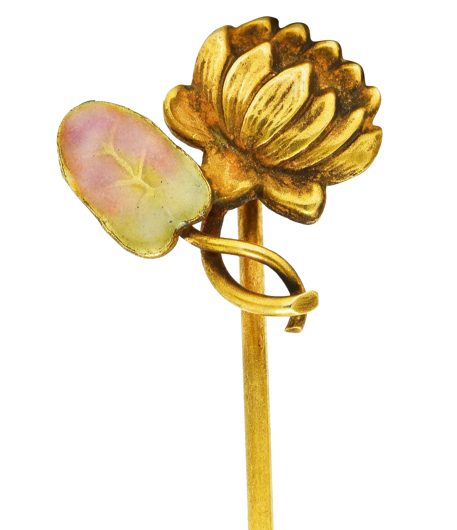 Art Nouveau Enamel 18 Karat Yellow Gold Lotus Flower Antique Stickpin Wilson's Estate Jewelry