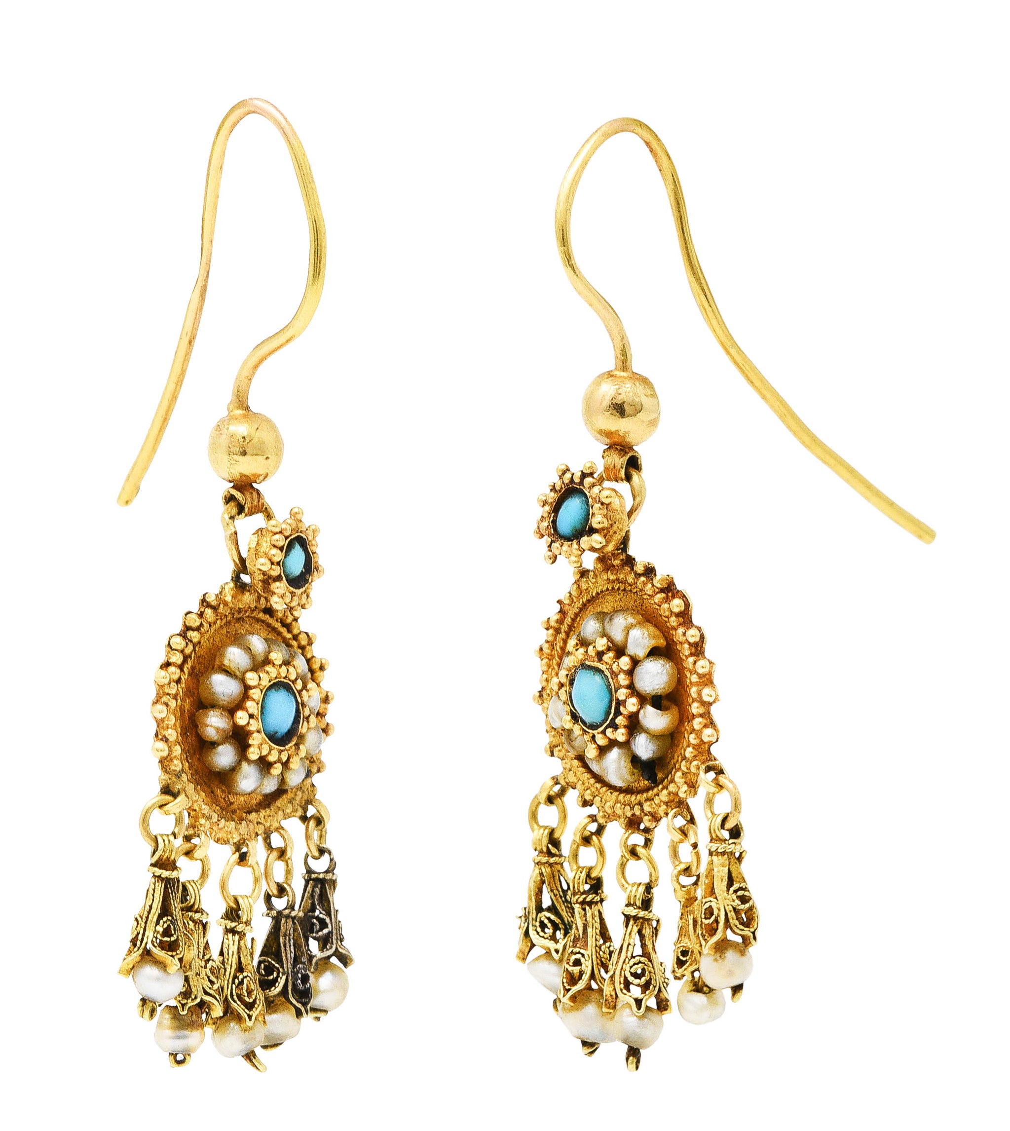 Victorian Etruscan Revival Turquoise Pearl 18 Karat Gold Drop EarringsEarrings - Wilson's Estate Jewelry