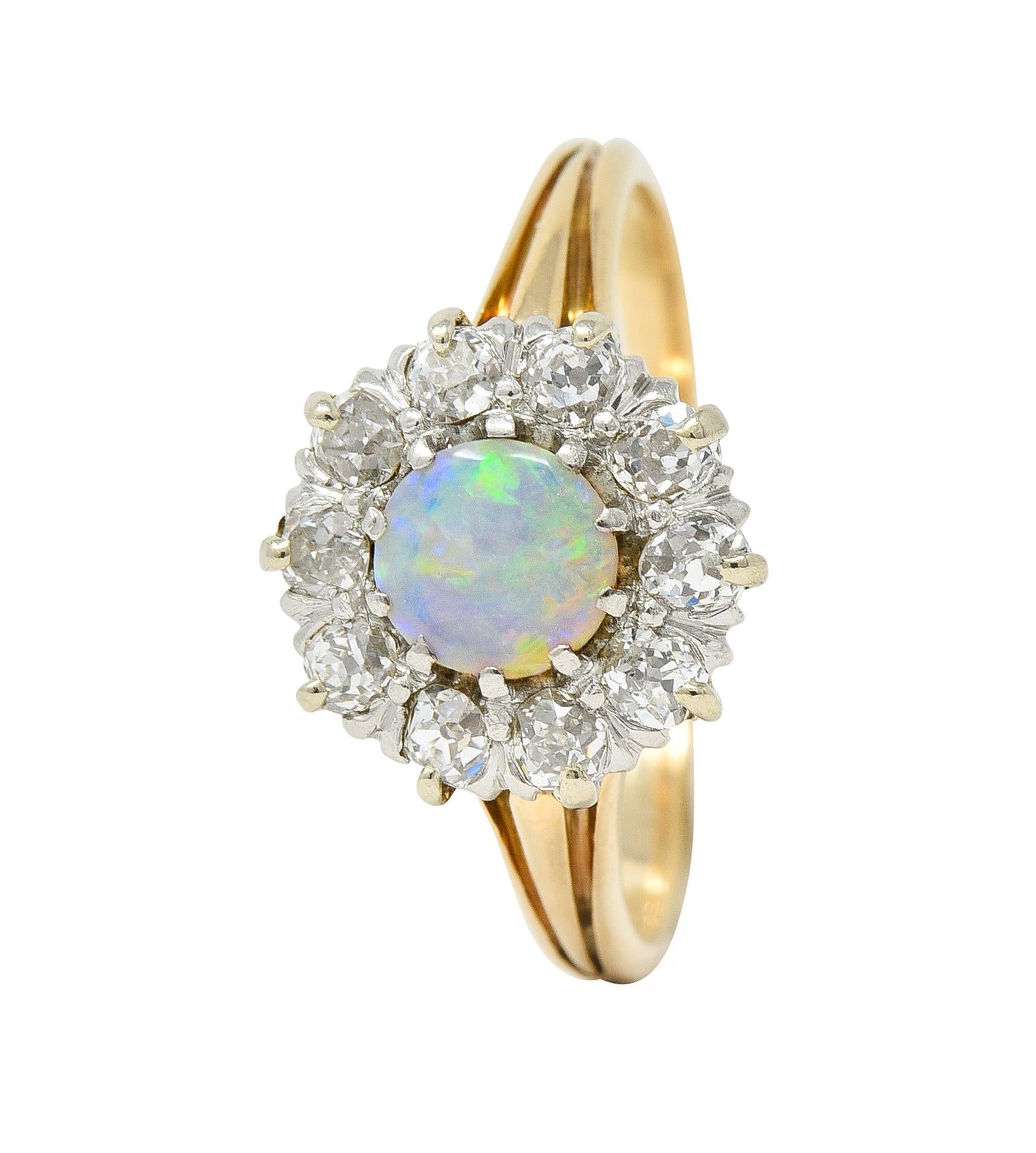 Edwardian Opal Diamond Platinum 14 Karat Yellow Gold Antique Halo Ring