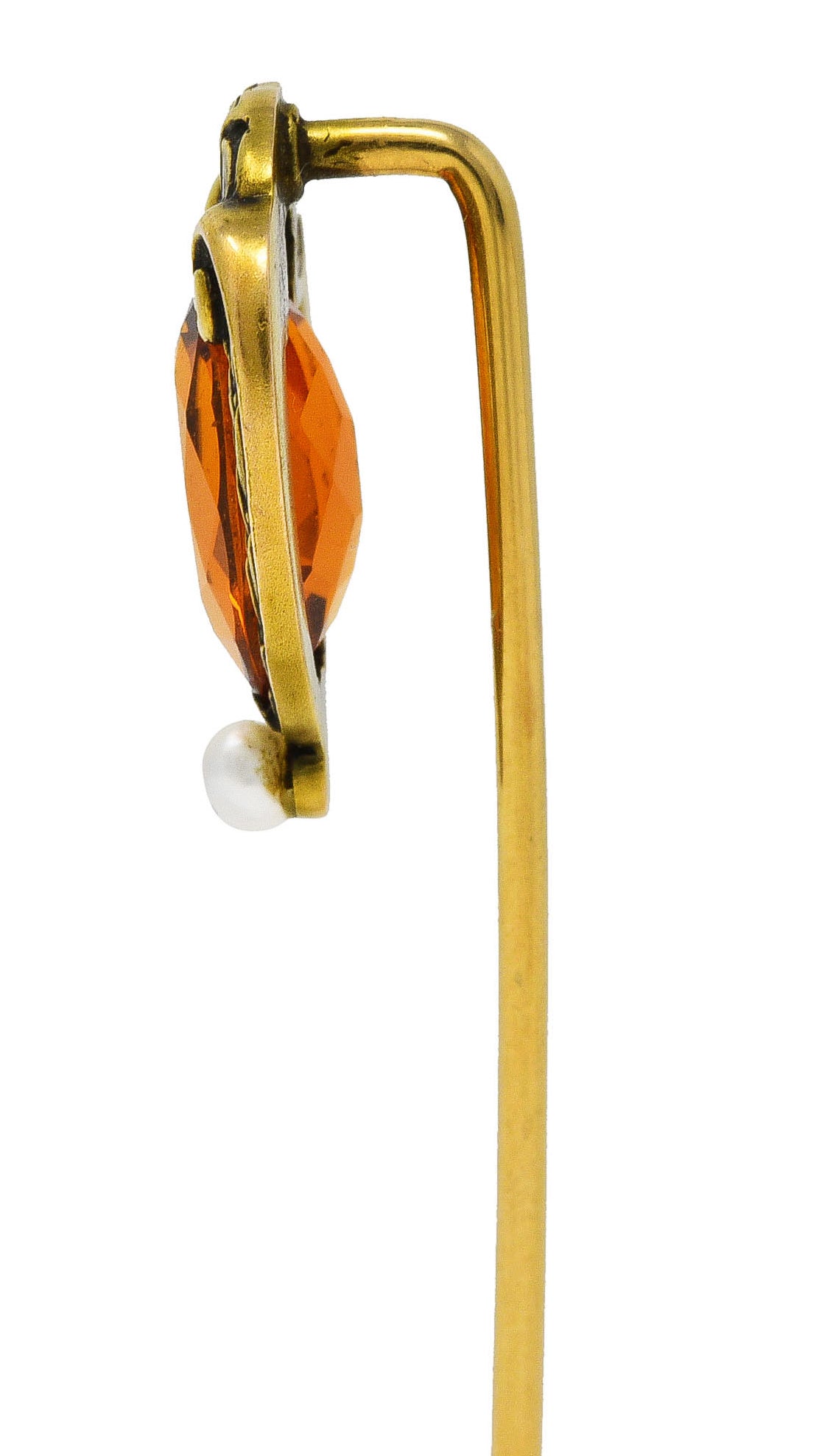 1900 Brassler Co. Citrine Pearl 14 Karat Yellow Gold Laurel Art Nouveau Antique Stickpin Wilson's Estate Jewelry