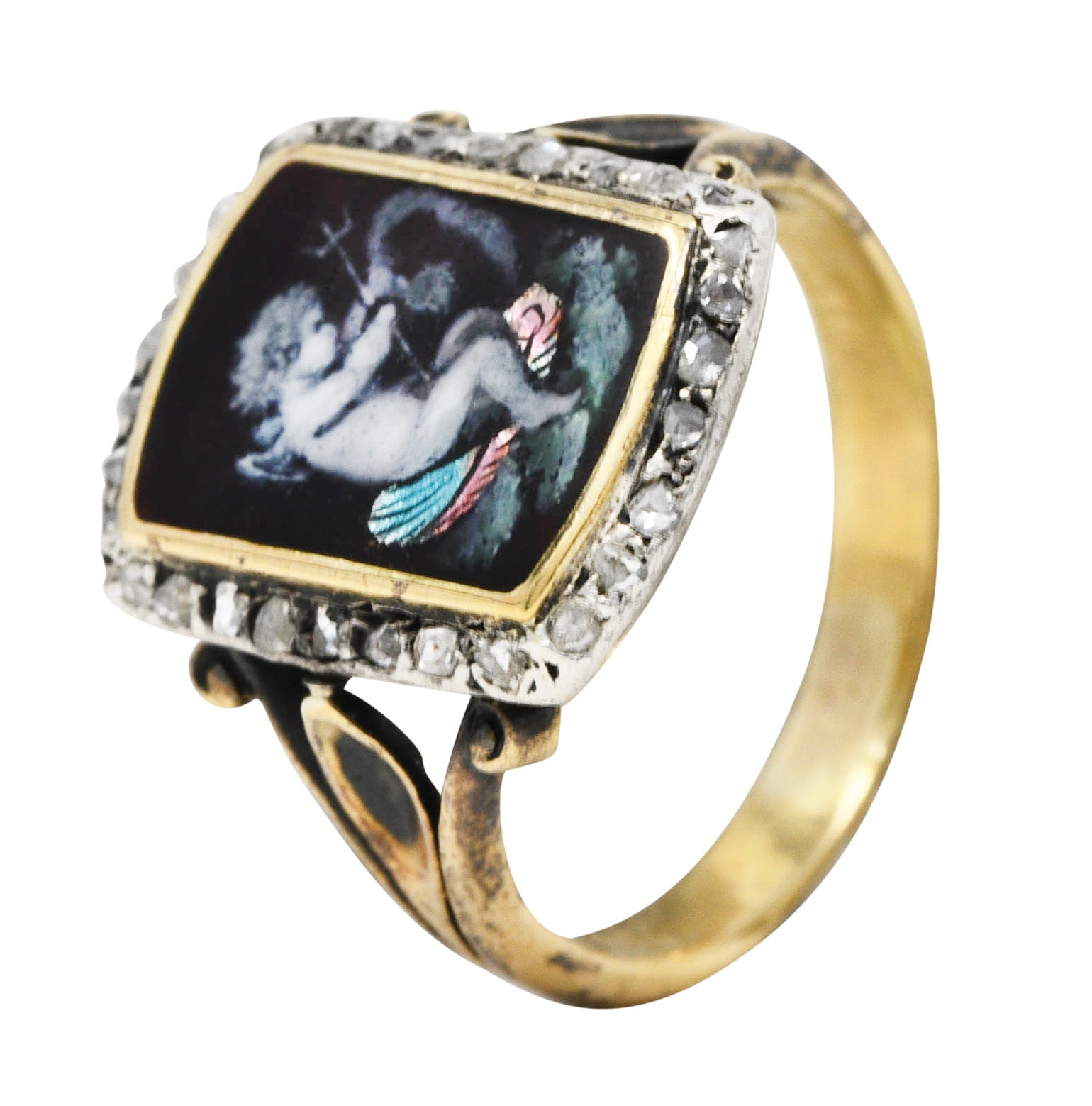 1850's Victorian Neoclassical Enamel Diamond Silver-Topped 18 Karat Gold Cupid Antique Ring Wilson's Estate Jewelry