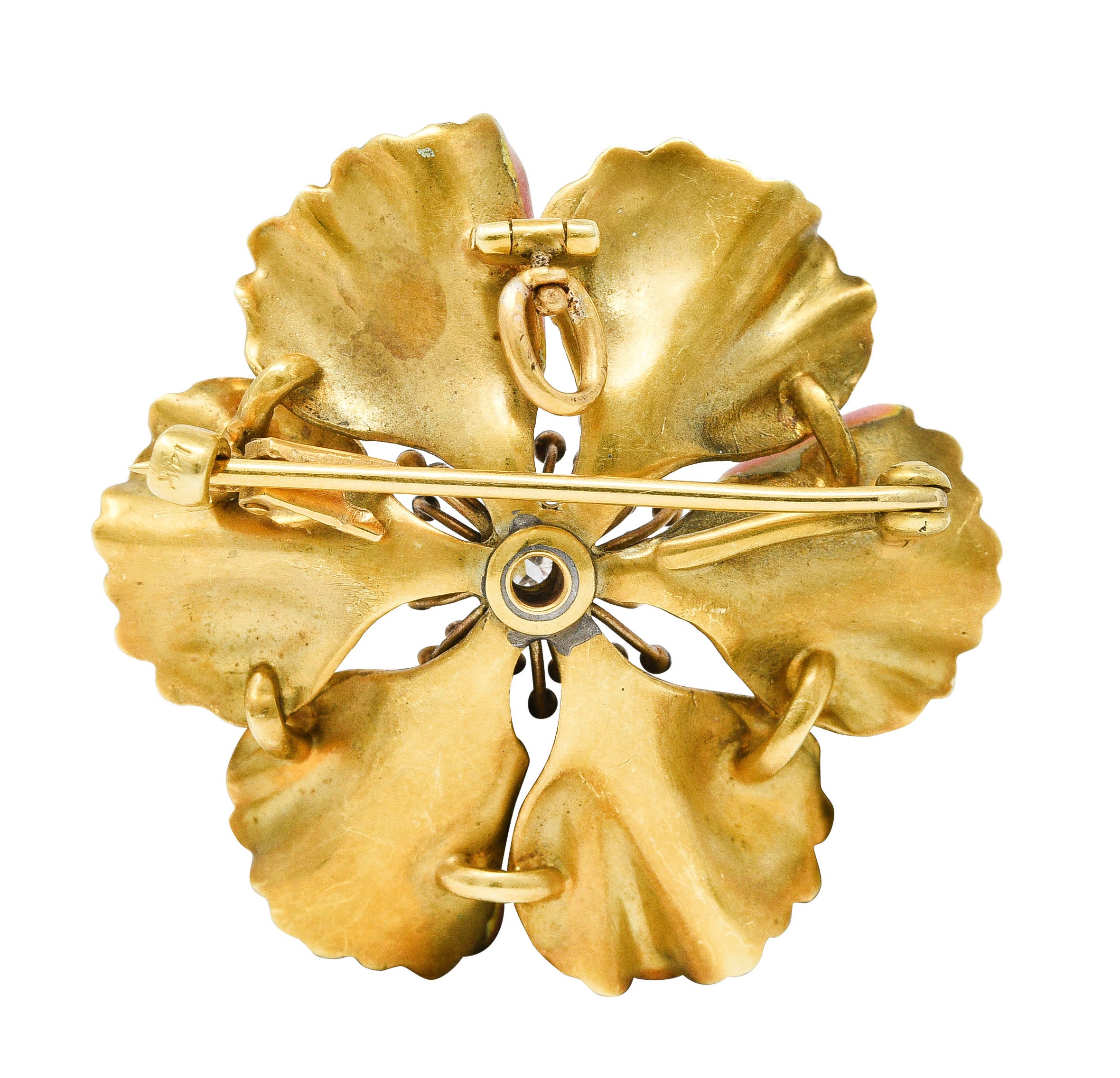 Art Nouveau Old European Cut Diamond Enamel 14 Karat Yellow Gold Poppy Pansy Antique Brooch Wilson's Estate Jewelry