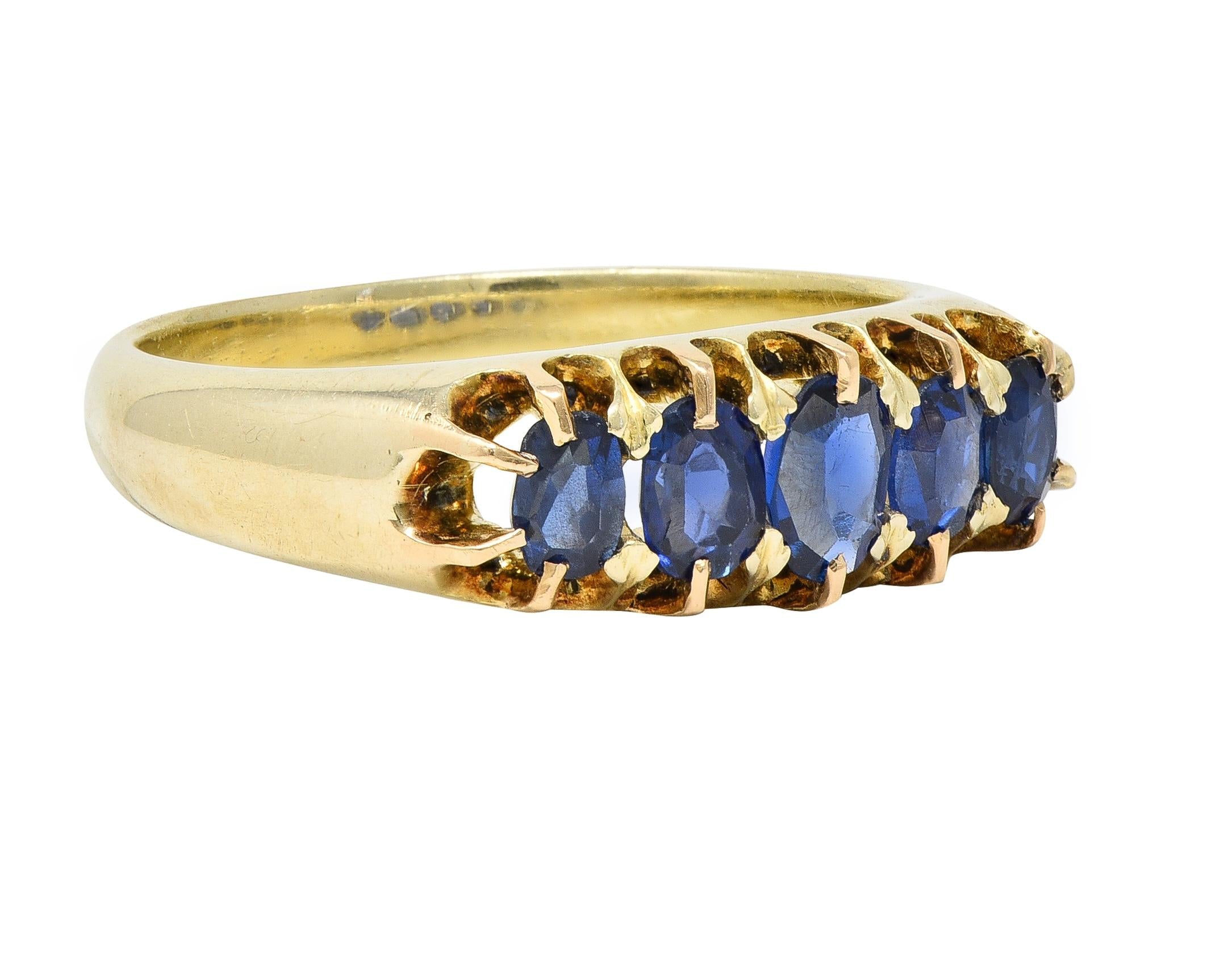 Victorian Antique Sapphire 14 Karat Yellow Gold Five Stone Foliate Band Ring