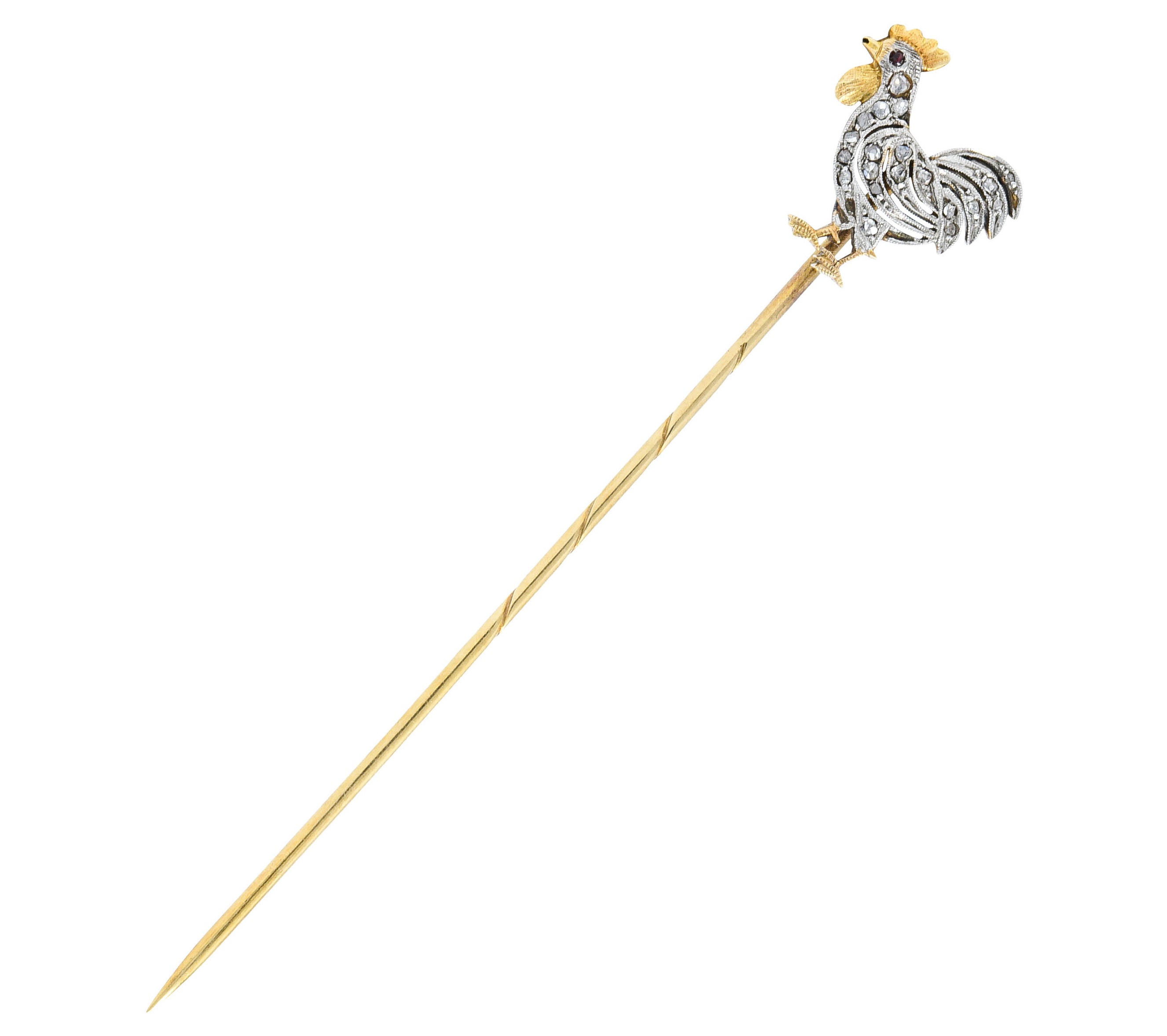 1900 Edwardian Diamond Platinum-Topped 14K Gold Rooster StickpinStick Pin - Wilson's Estate Jewelry