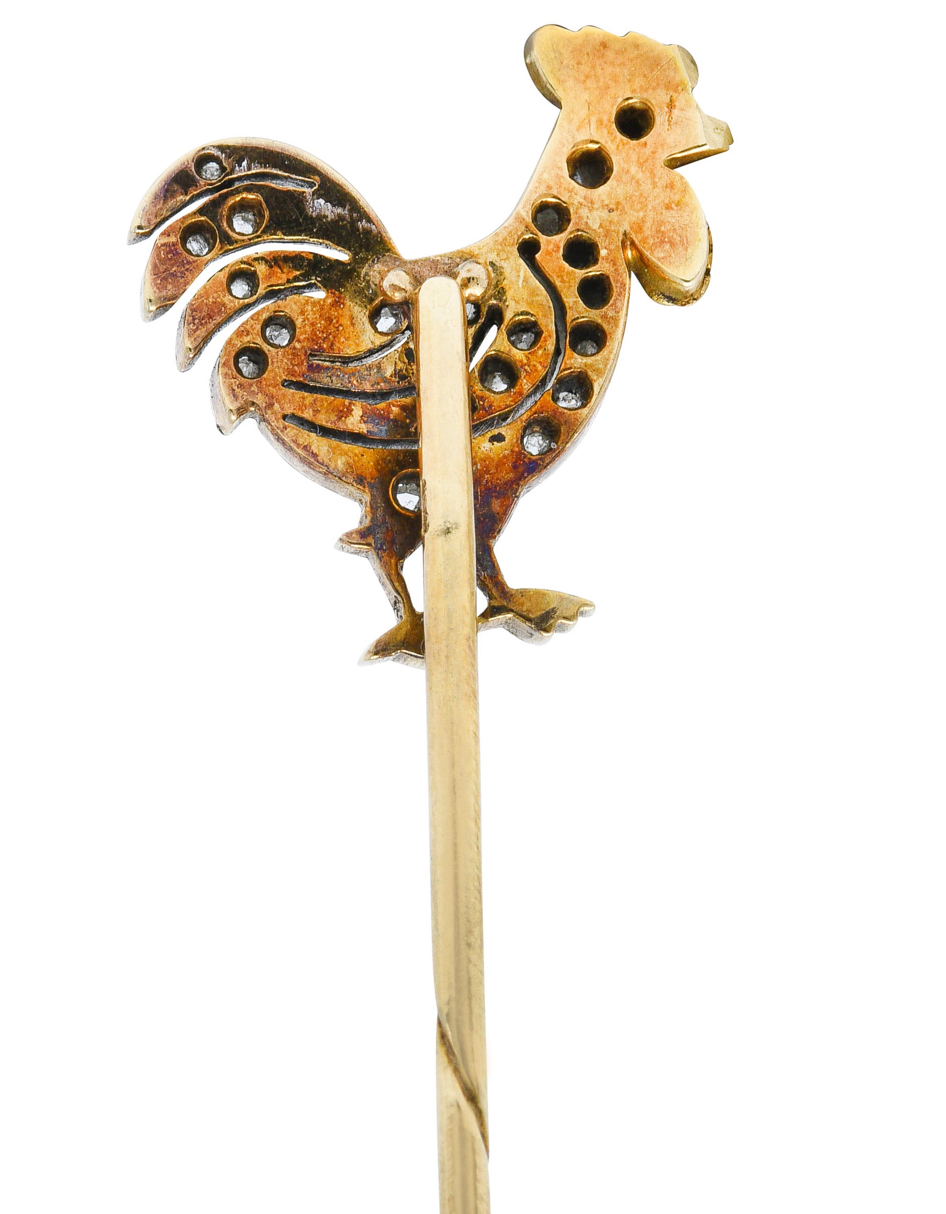 1900 Edwardian Diamond Platinum-Topped 14K Gold Rooster StickpinStick Pin - Wilson's Estate Jewelry