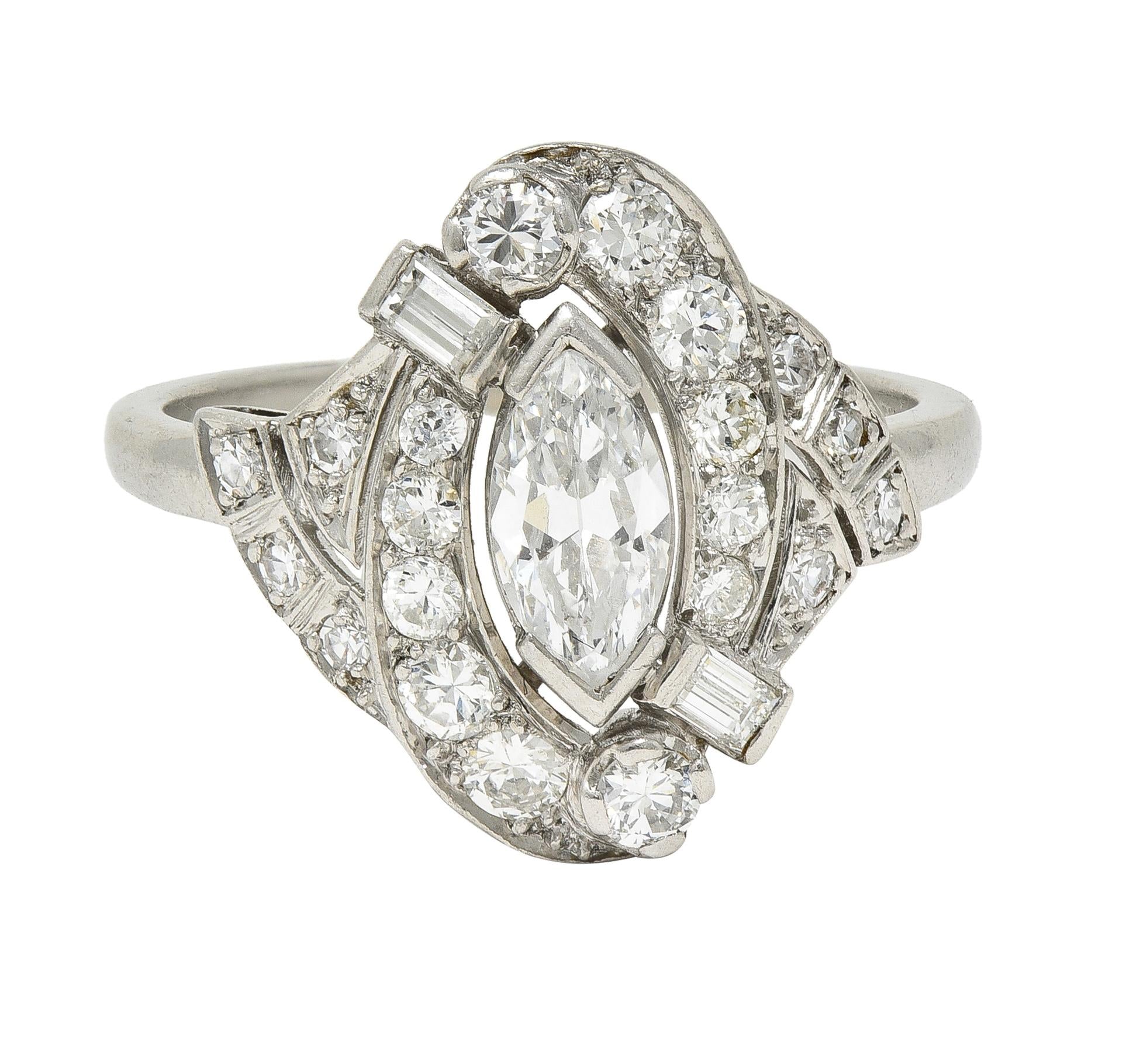 Mid-Century 1.26 CTW Diamond Platinum Swirling Marquise Vintage Dinner Ring