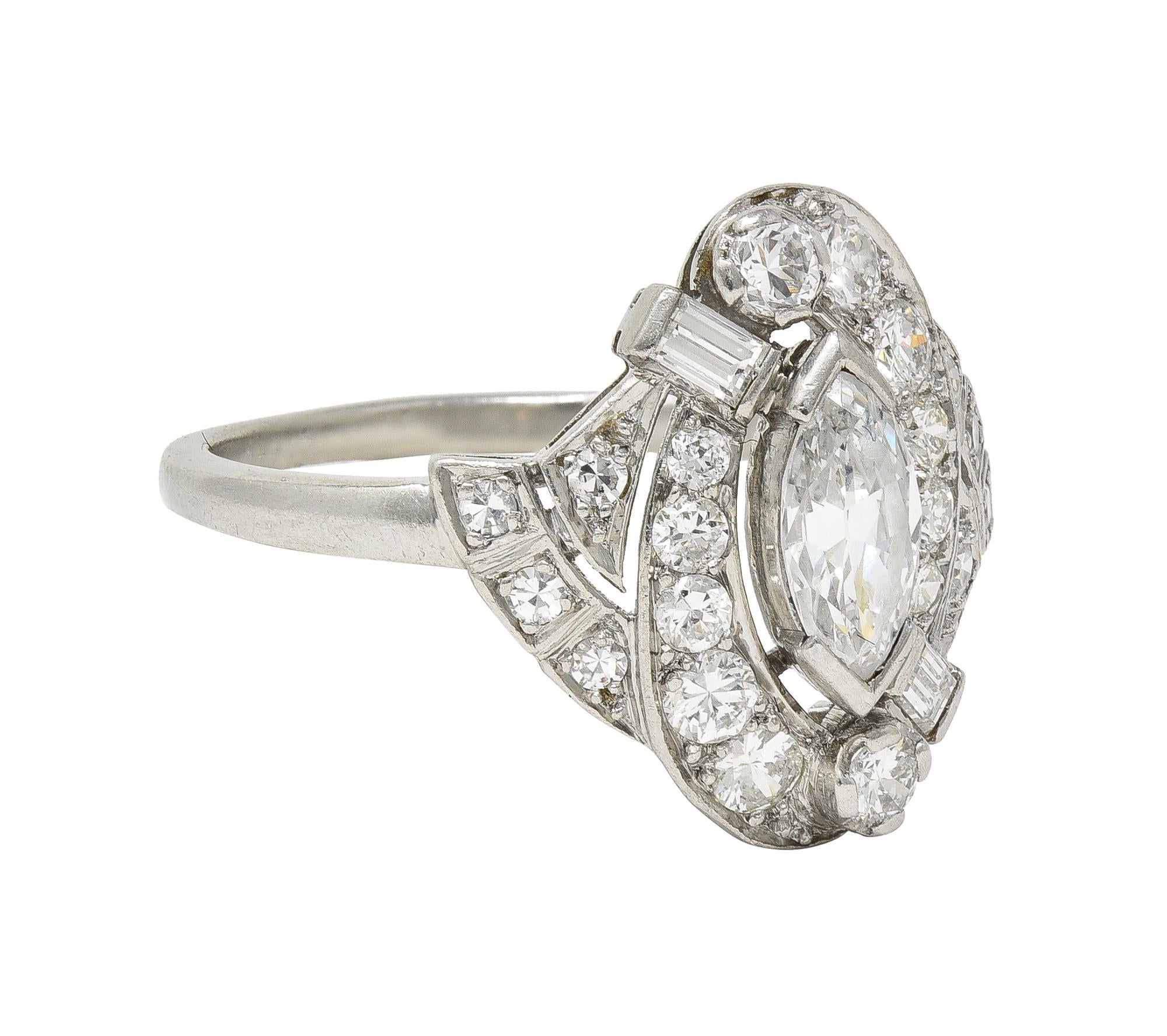 Mid-Century 1.26 CTW Diamond Platinum Swirling Marquise Vintage Dinner Ring