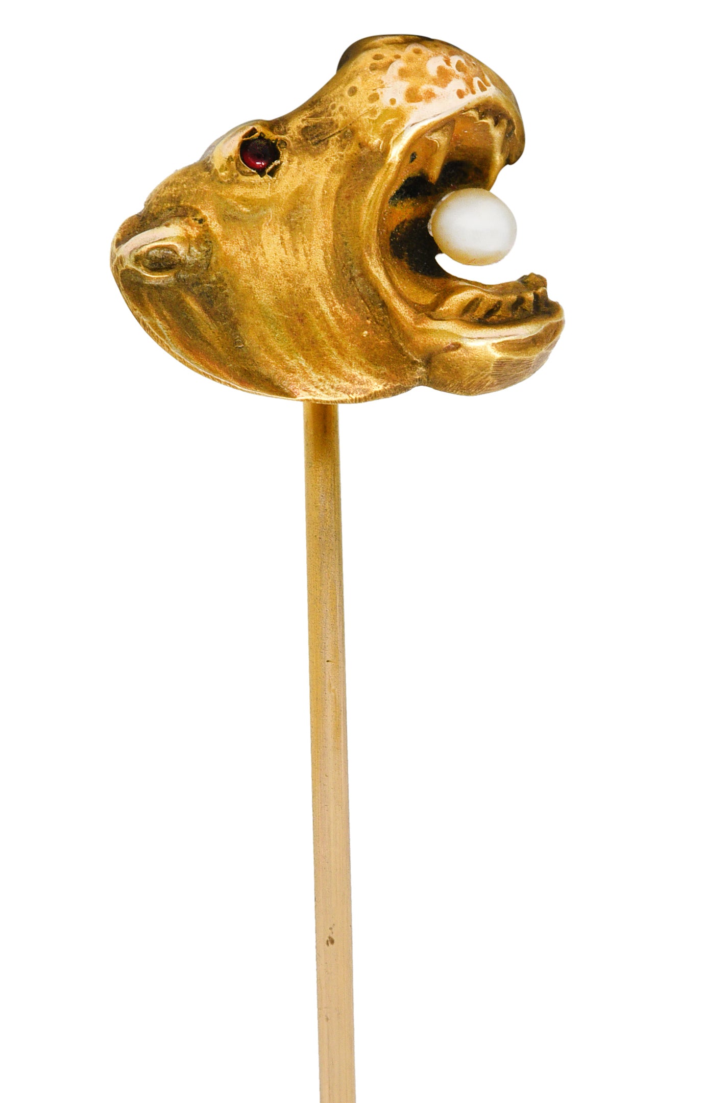 Art Nouveau Pearl 14 Karat Yellow Gold Hippo Antique Stickpin Wilson's Estate Jewelry