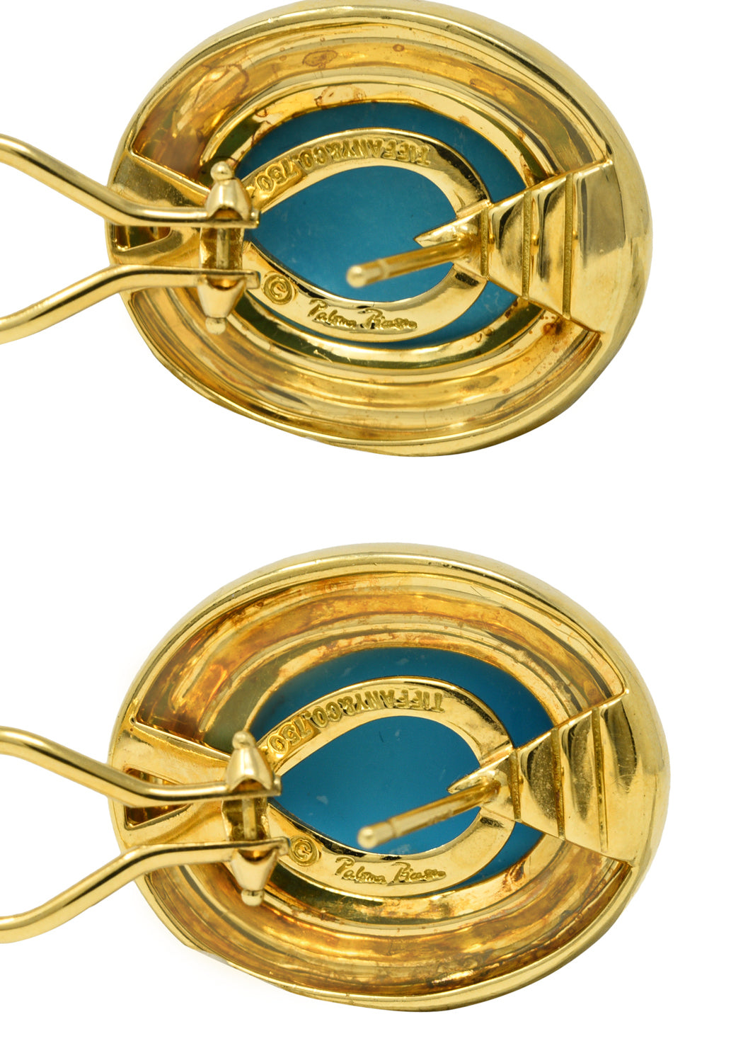 Paloma Picasso Tiffany & Co. 1980's Turquoise 18 Karat Yellow Gold Cabochon Vintage Earrings Wilson's Estate Jewelry