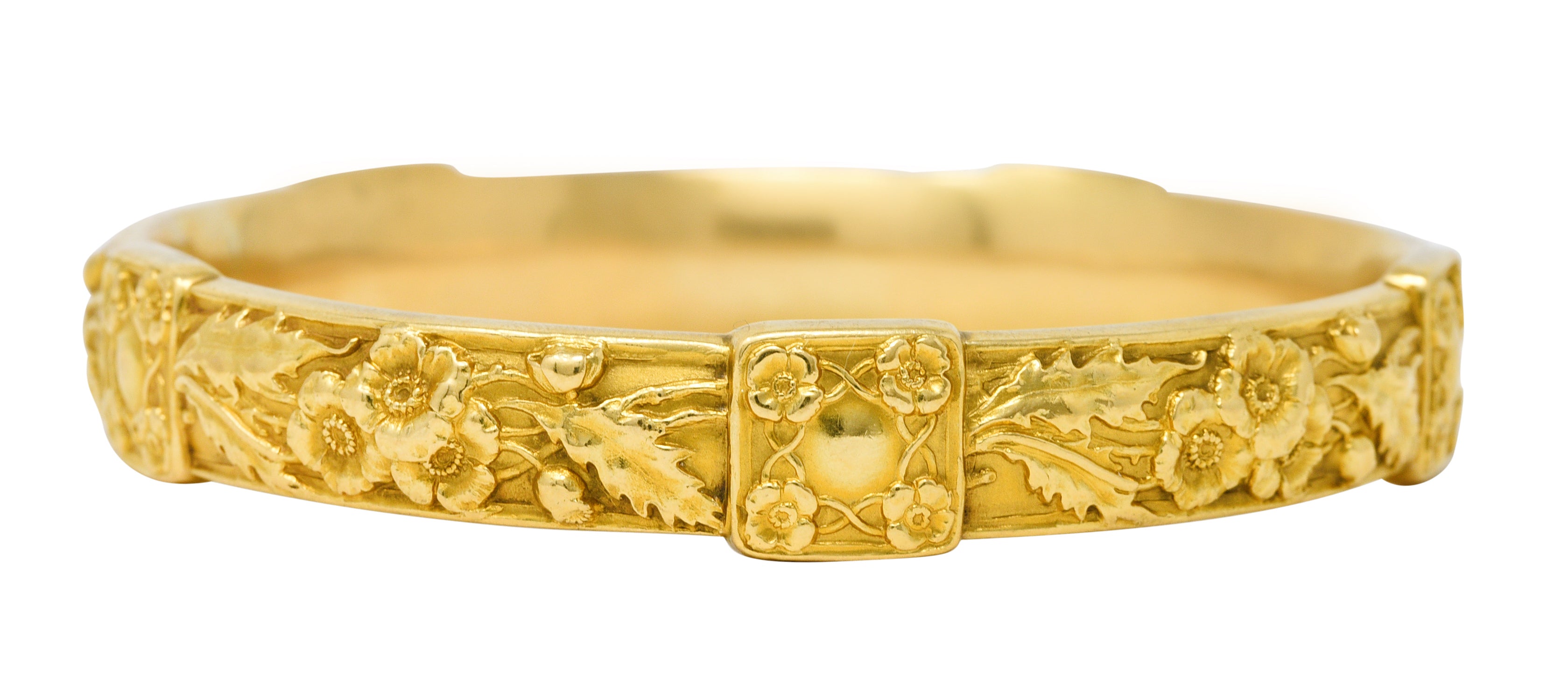 Art Nouveau 18 Karat Yellow Gold Poppy Flower Antique Bangle Bracelet Wilson's Estate Jewelry