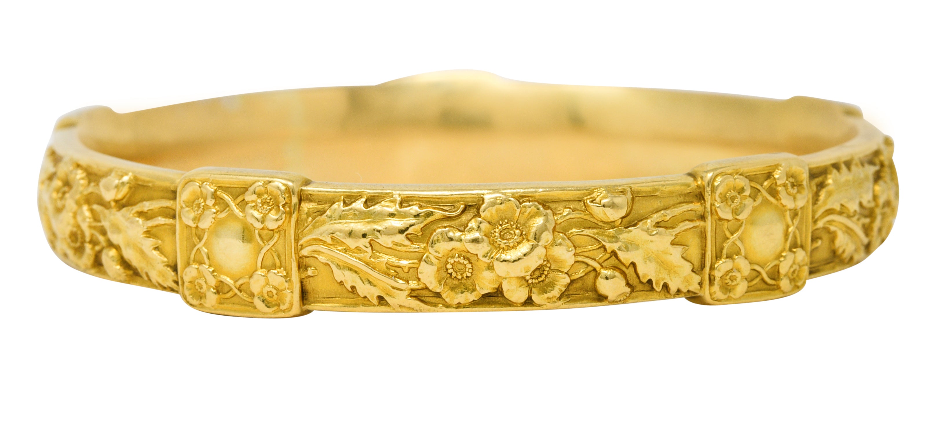 Art Nouveau 18 Karat Yellow Gold Poppy Flower Antique Bangle Bracelet Wilson's Estate Jewelry