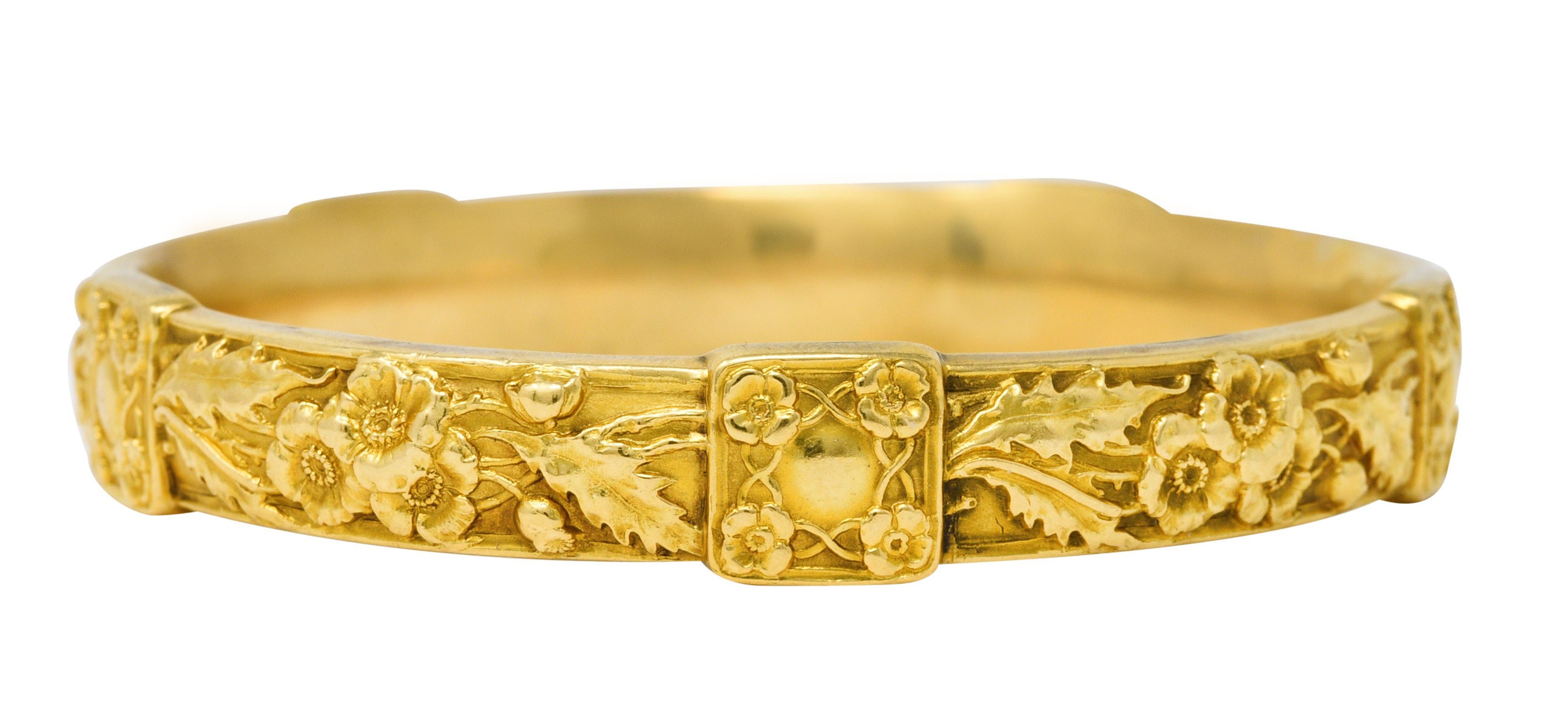 Art Nouveau 18 Karat Yellow Gold Poppy Flower Antique Bangle Bracelet Wilson's Estate Jewelry