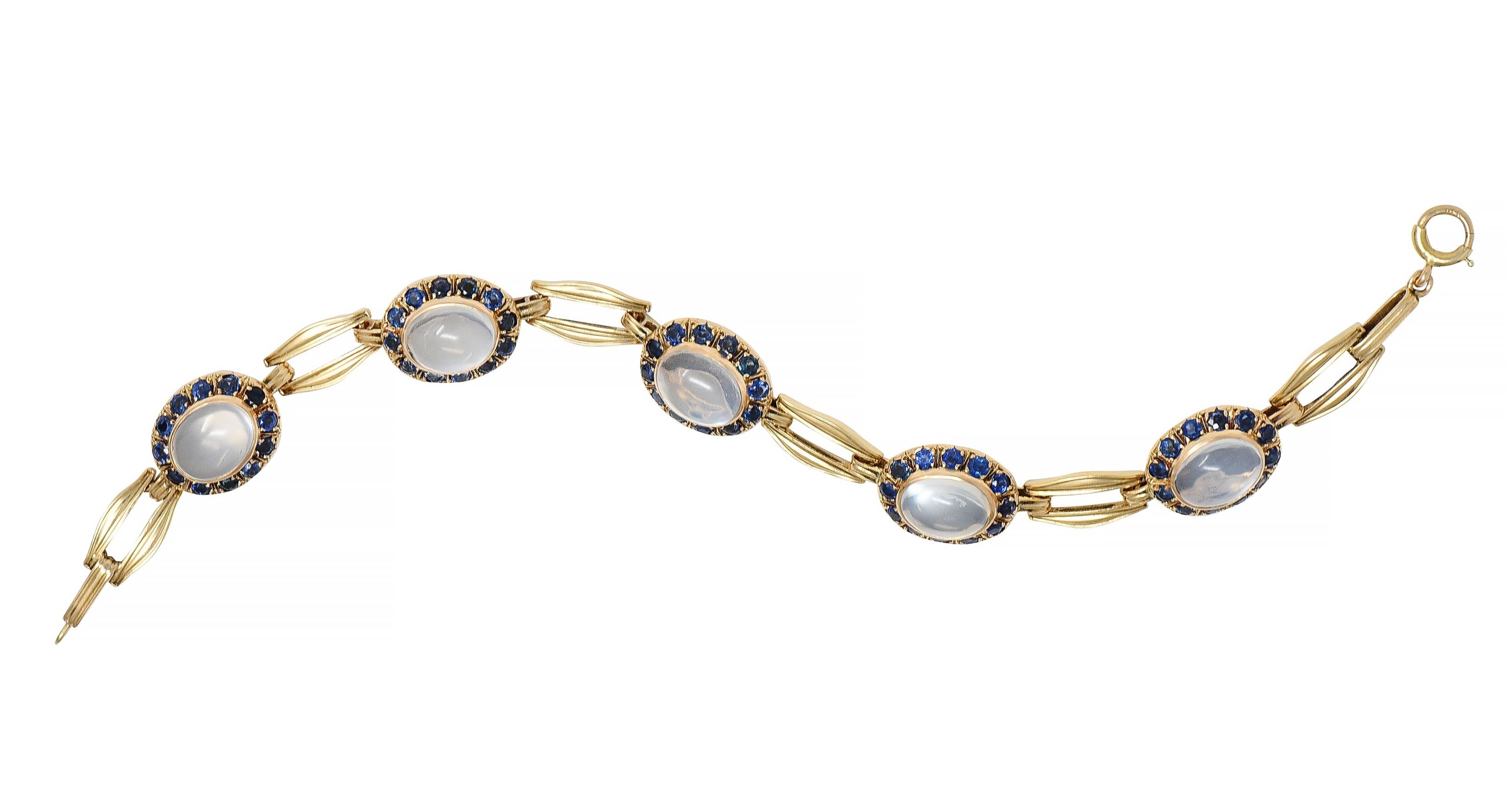 Church & Co. Mid-Century 4.80 CTW Sapphire Moonstone 14 Karat Gold Link Bracelet