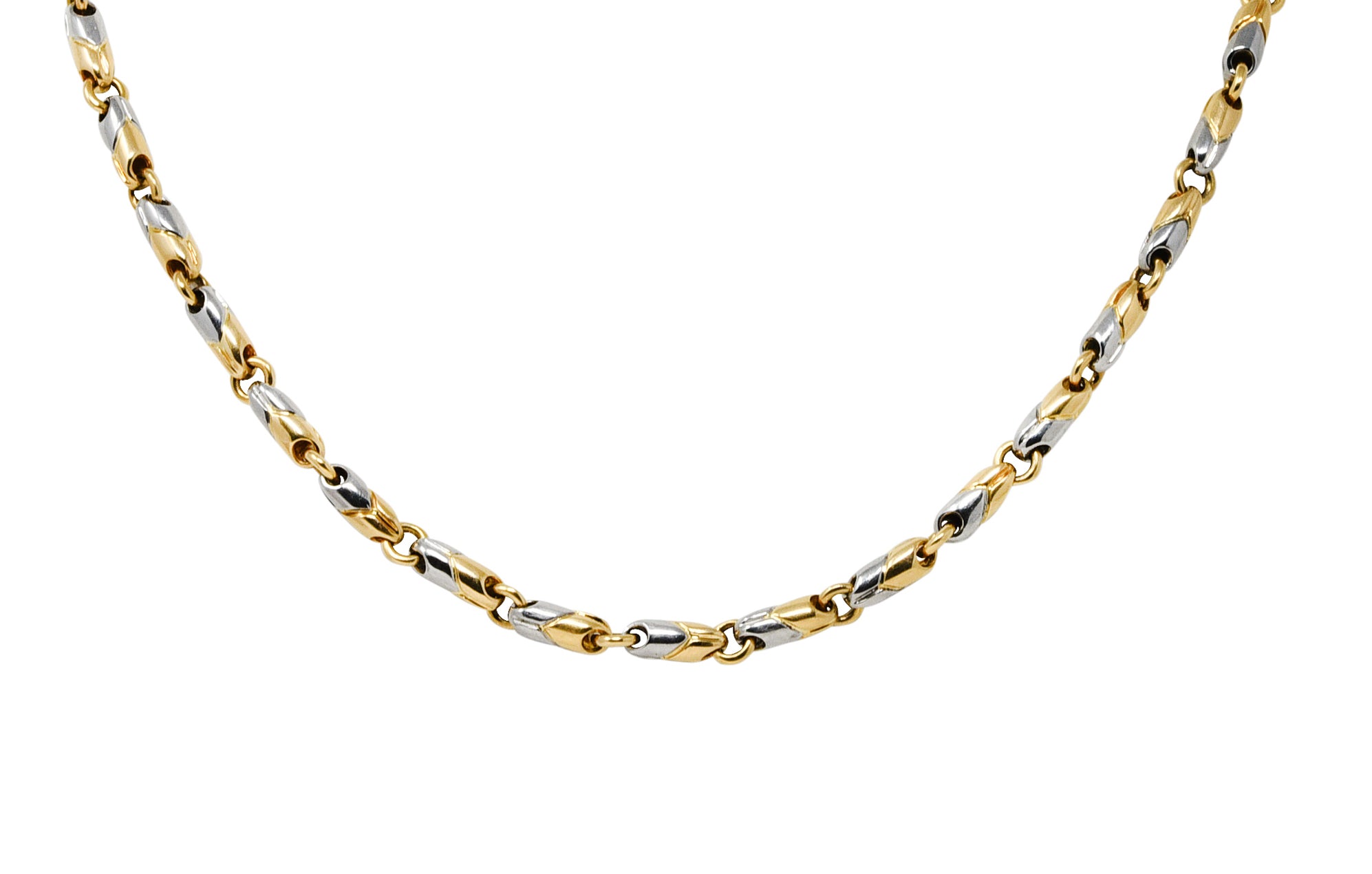 Bulgari 1990's 18 Karat Two-Tone Gold Unisex Passo Doppio Chevron Chain Vintage Necklace Wilson's Estate Jewelry