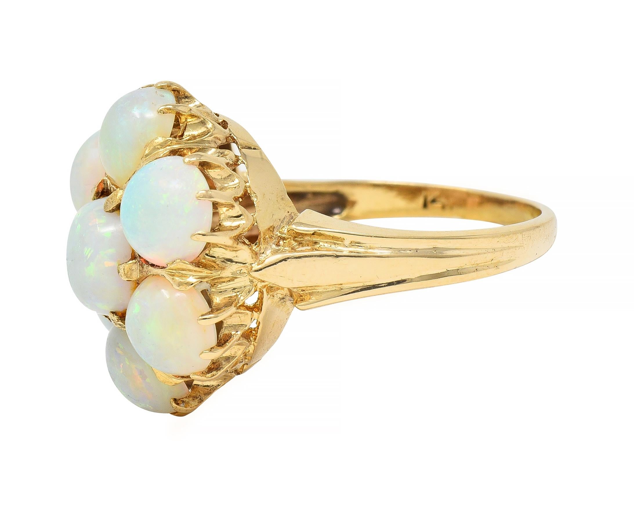 Mid-Century Opal Cabochon 14 Karat Yellow Gold Vintage Floral Cluster Ring