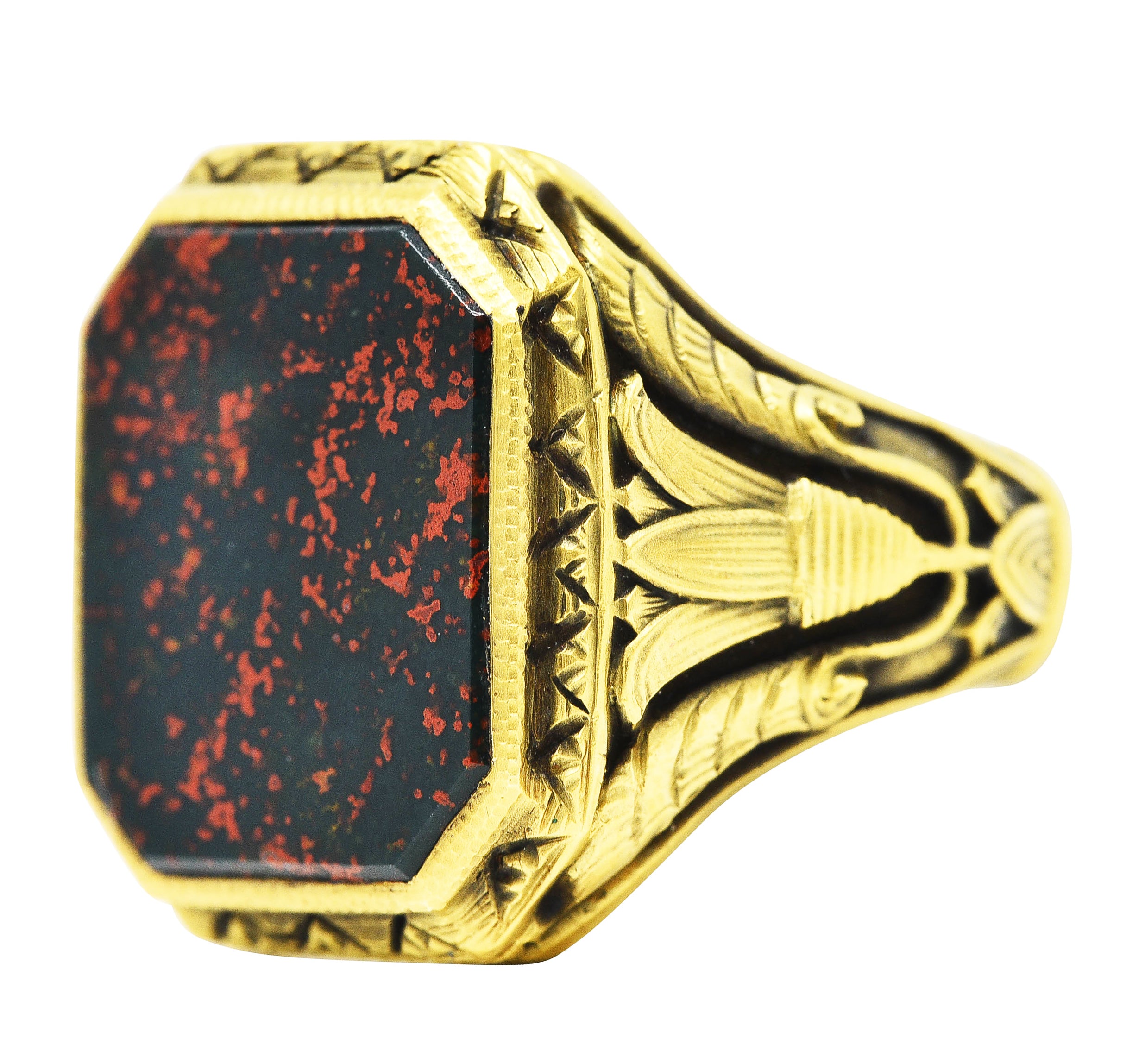 Art Deco Egyptian Revival Bloodstone 14 Karat Gold Lotus Signet Unisex RingRing - Wilson's Estate Jewelry