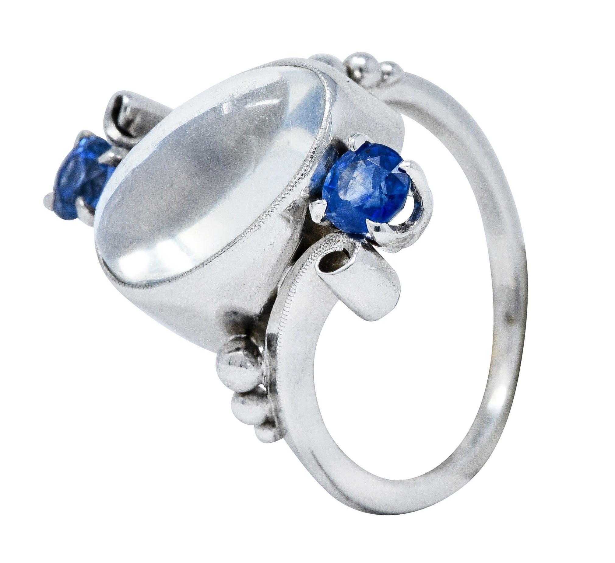 1940's Retro Moonstone Sapphire 14 Karat White Gold Bypass RingRing - Wilson's Estate Jewelry