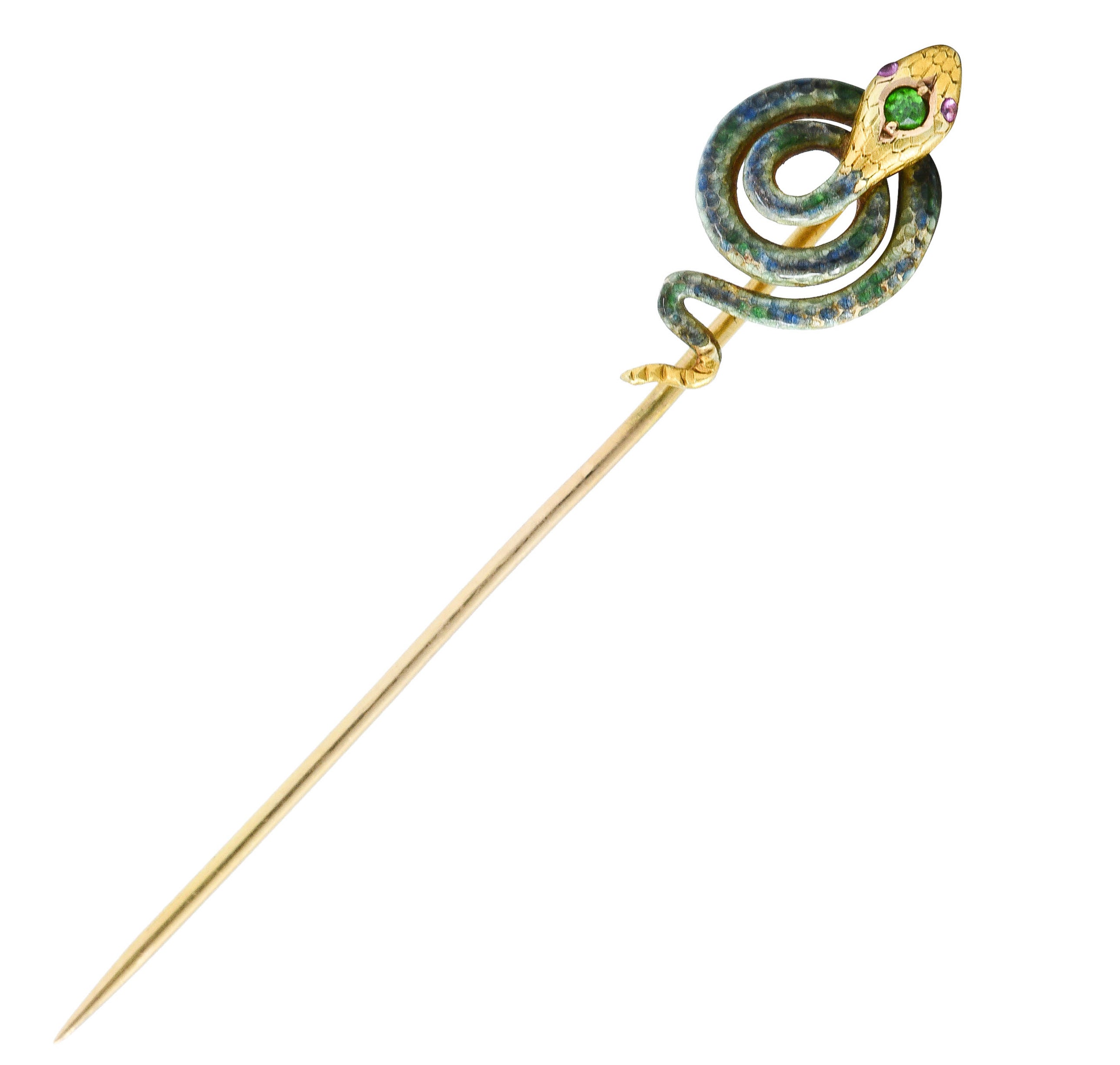 Riker Brothers Art Nouveau Enamel Demantoid Garnet 14 Karat Gold Snake StickpinStick Pin - Wilson's Estate Jewelry