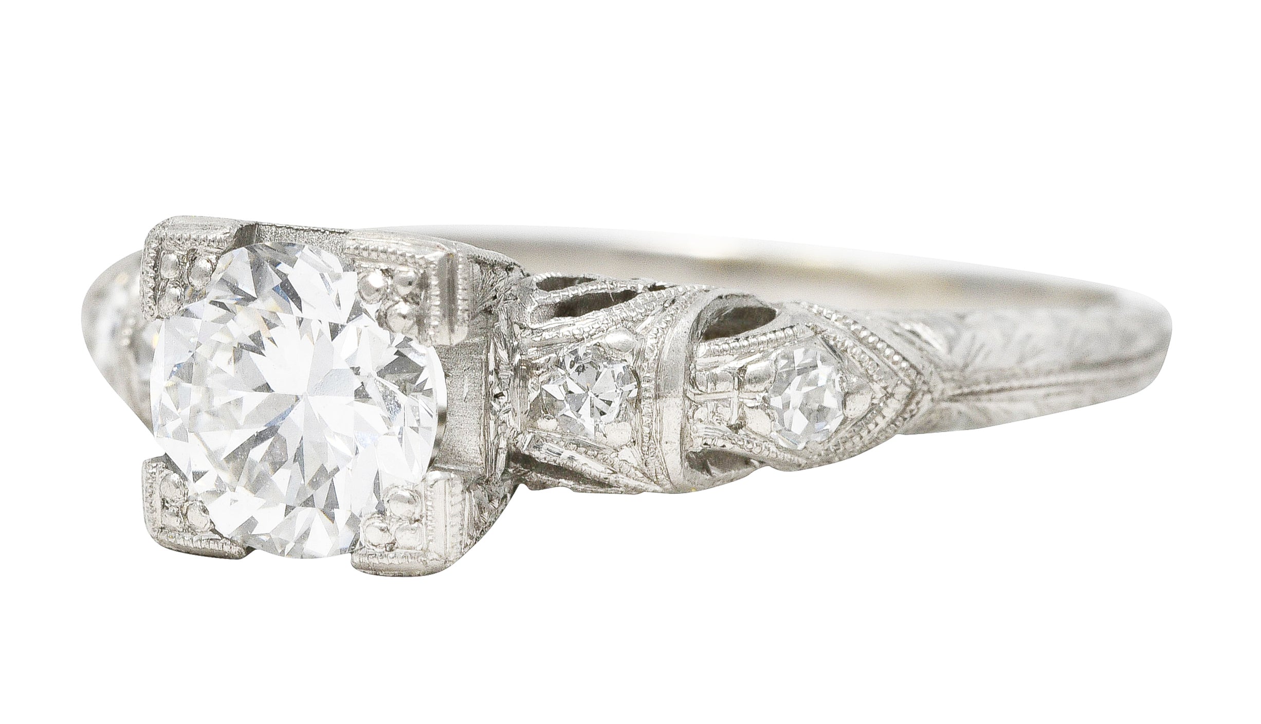 Art Deco Transitional Cut 0.92 CTW Diamond Platinum Square Form Ornate Engagement Ring Wilson's Estate Jewelry