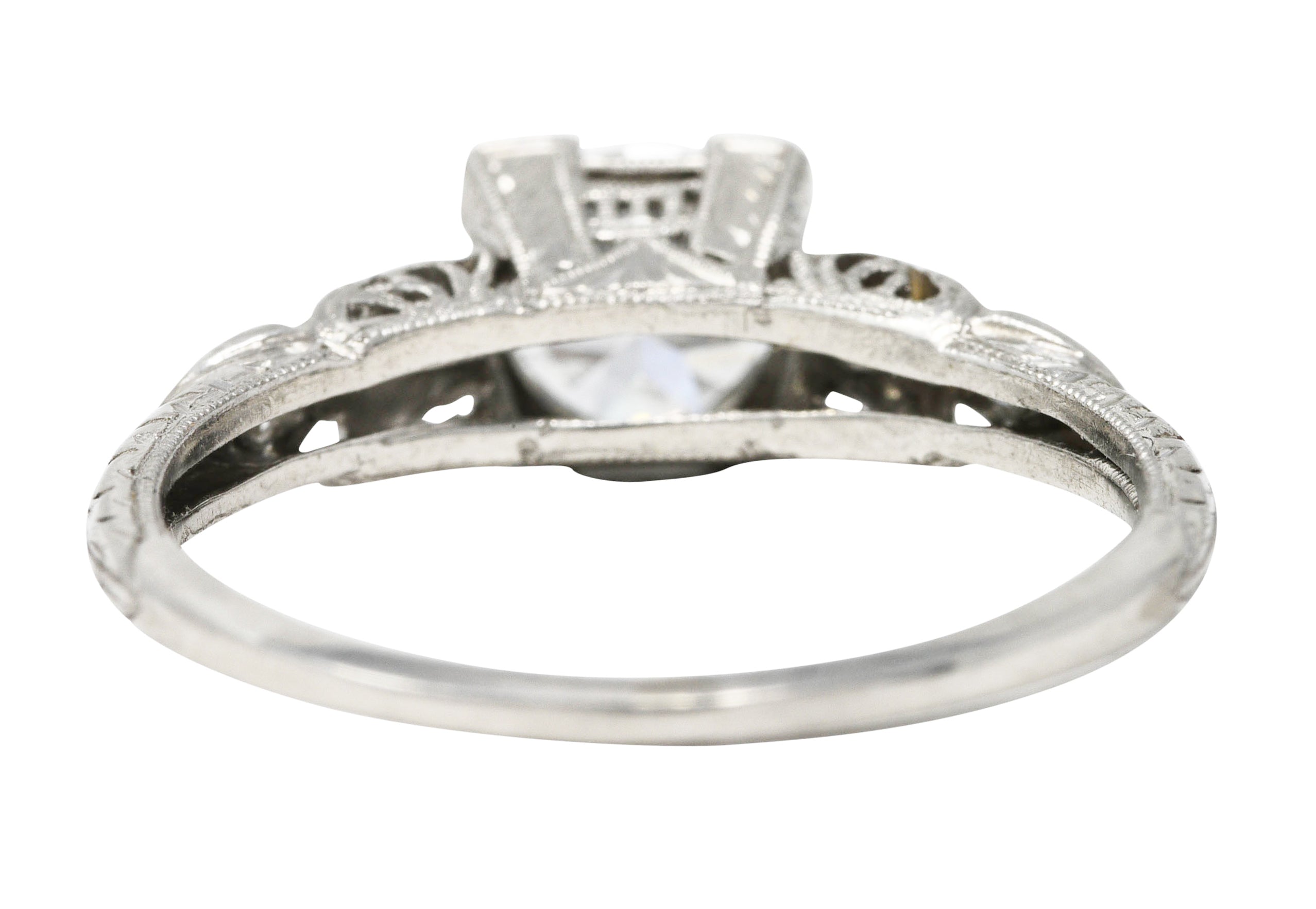 Art Deco Transitional Cut 0.92 CTW Diamond Platinum Square Form Ornate Engagement Ring Wilson's Estate Jewelry