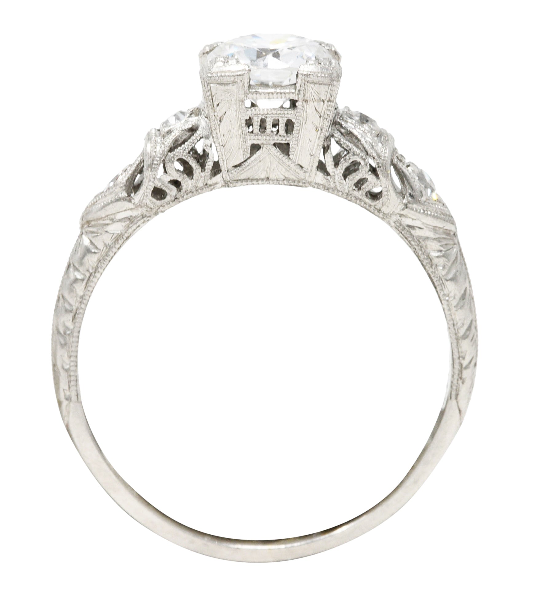 Art Deco Transitional Cut 0.92 CTW Diamond Platinum Square Form Ornate Engagement Ring Wilson's Estate Jewelry