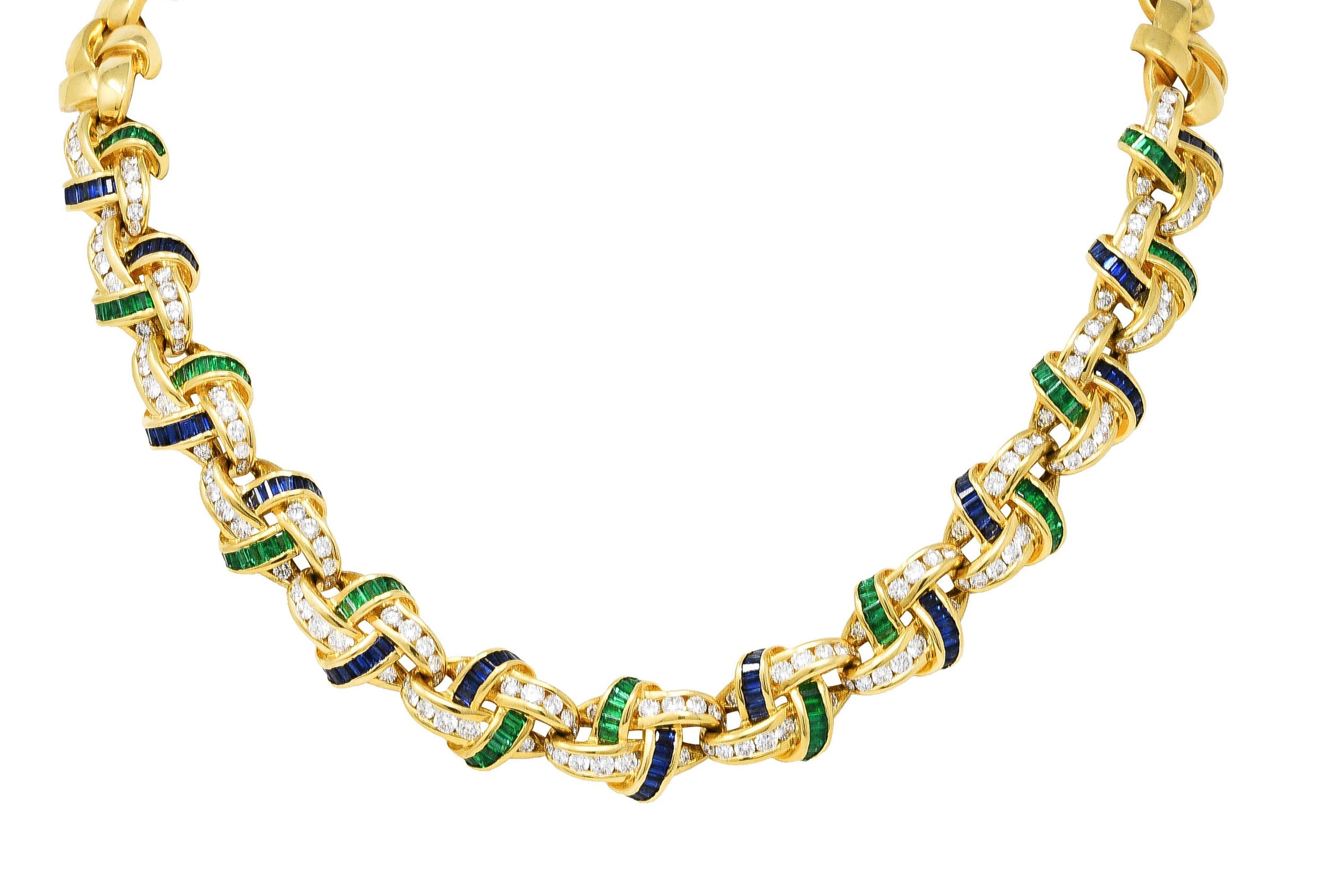 Charles Krypell 10.00 CTW Emerald Sapphire Diamond 18 Karat Gold Knot Link NecklaceNecklace - Wilson's Estate Jewelry