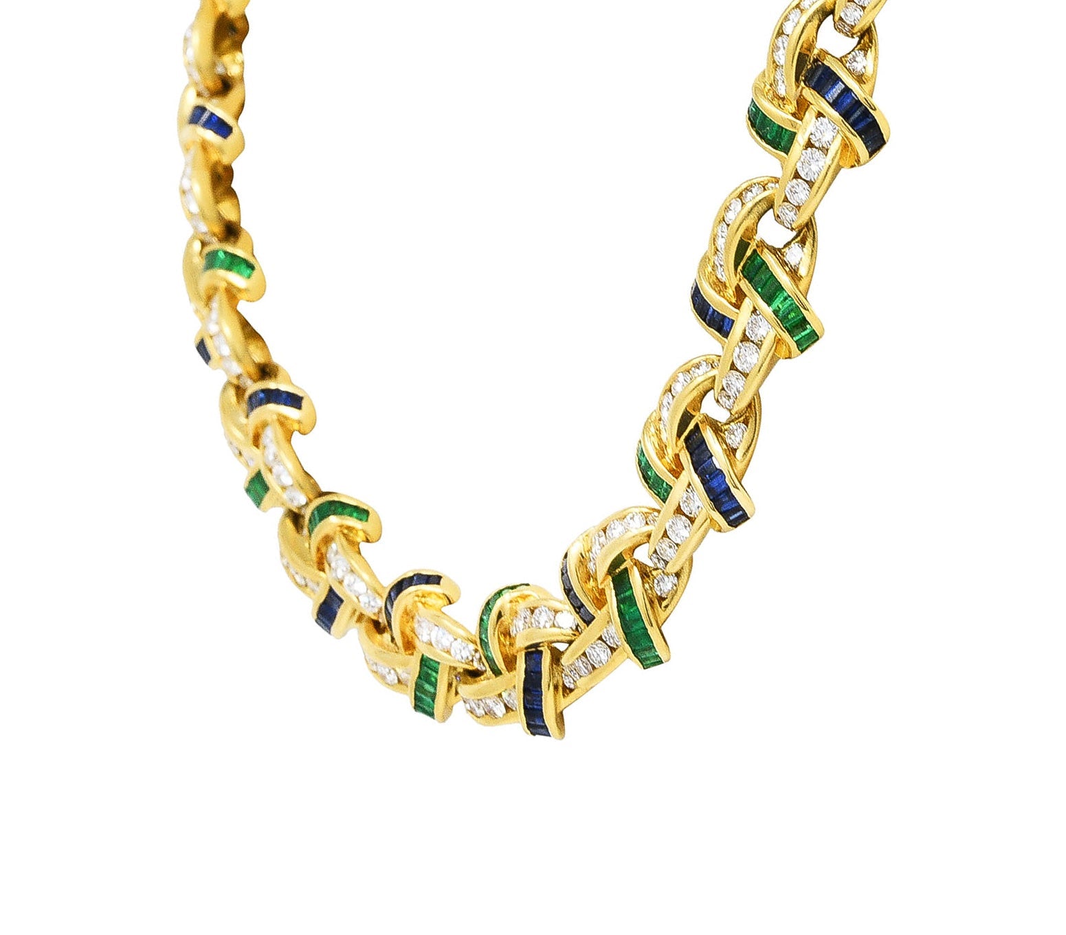 Charles Krypell 10.00 CTW Emerald Sapphire Diamond 18 Karat Gold Knot Link NecklaceNecklace - Wilson's Estate Jewelry