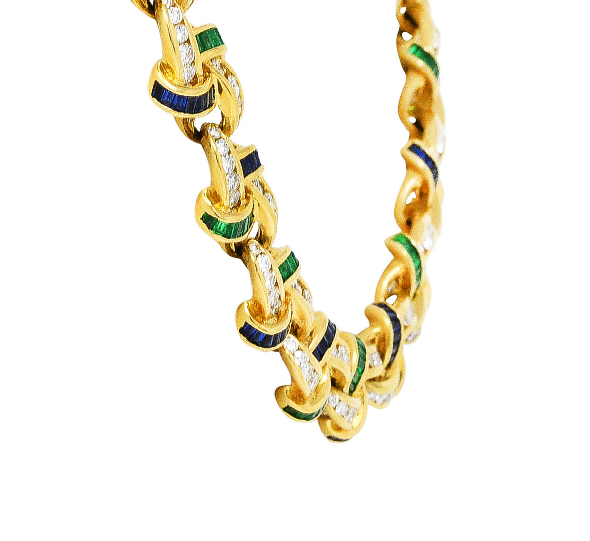 Charles Krypell 10.00 CTW Emerald Sapphire Diamond 18 Karat Gold Knot Link NecklaceNecklace - Wilson's Estate Jewelry