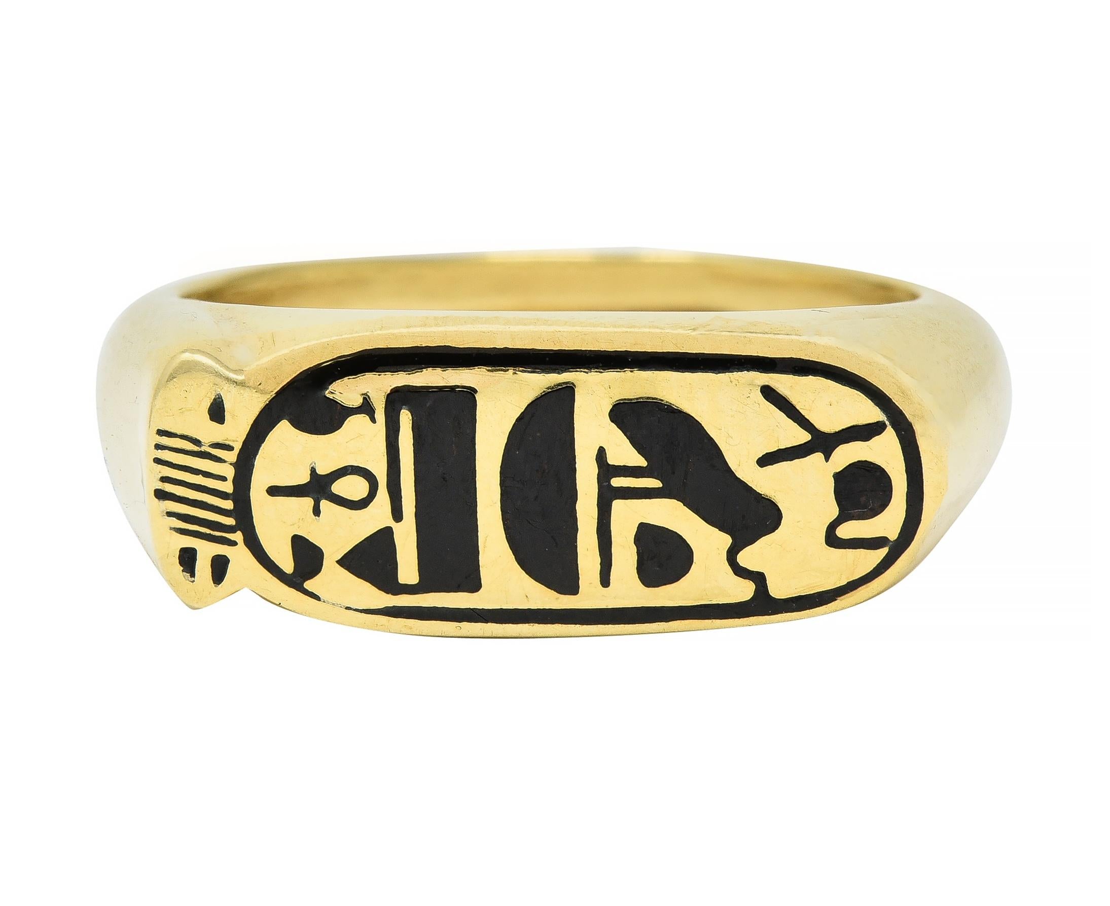 Contemporary Enamel 14 Karat Yellow Gold Egyptian Revival Cartouche Signet Ring