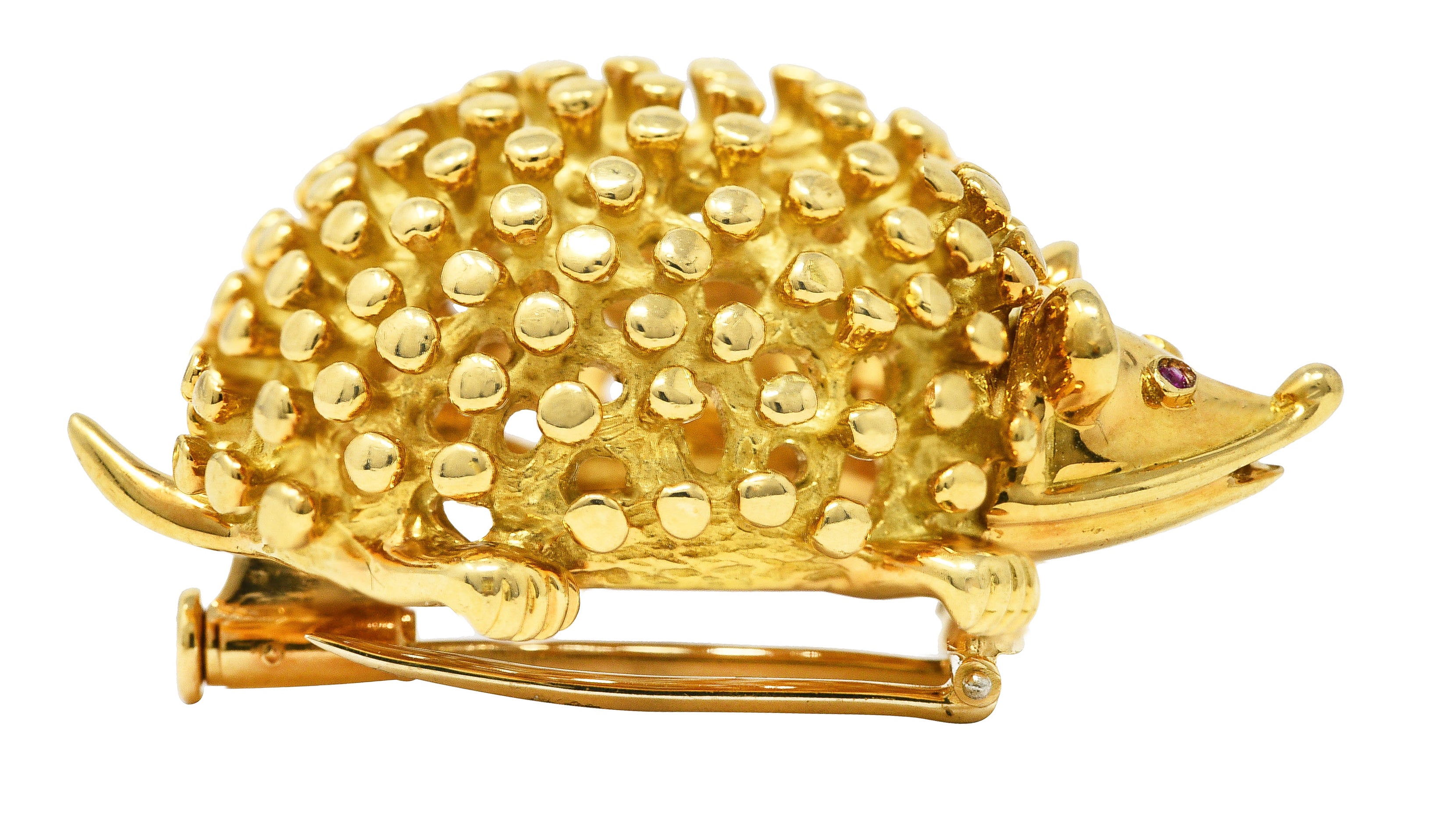 Tiffany & Co. 1960's Ruby 18 Karat Yellow Gold Hedgehog Vintage Brooch Wilson's Estate Jewelry