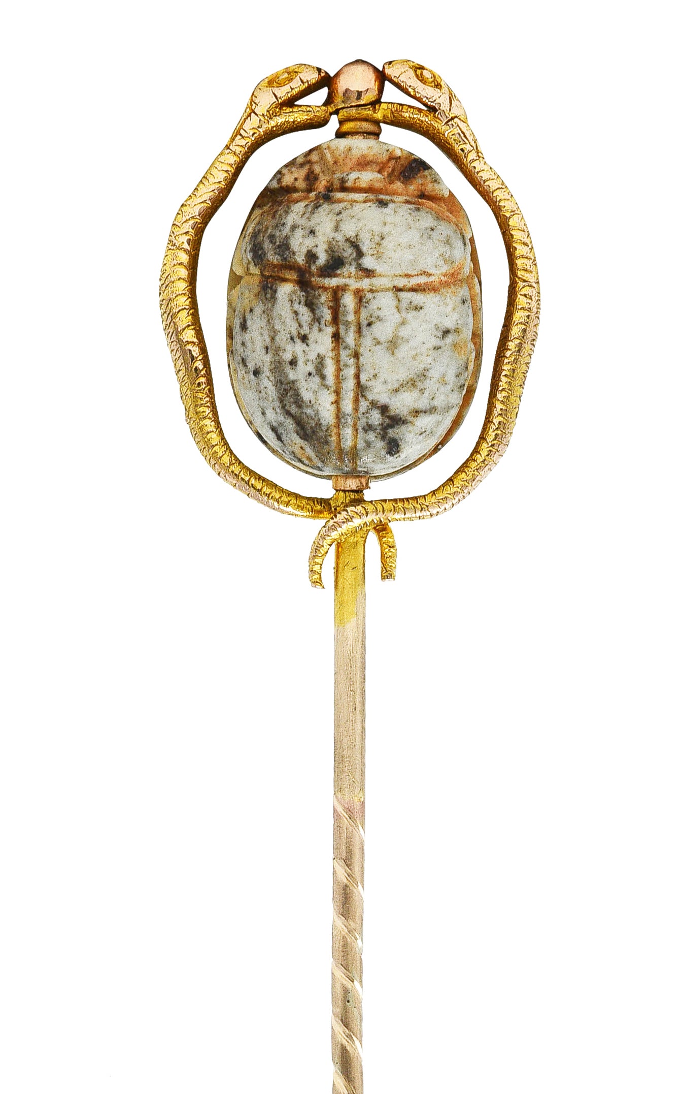 Victorian Egyptian Revival Hardstone 18 Karat Two-Tone Gold Scarab Snake Antique Stickpin Wilson's Estate Jewelry